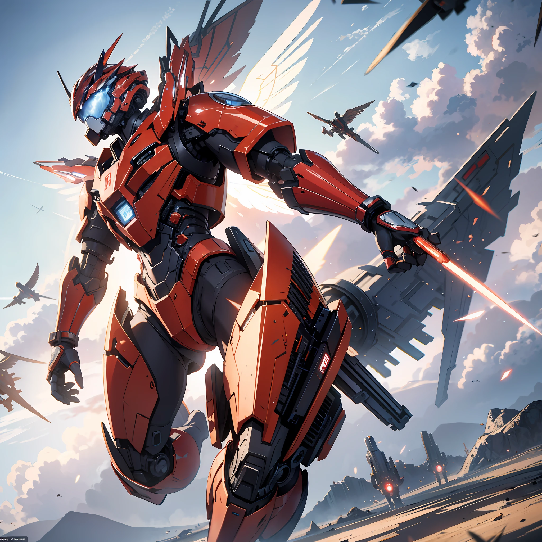 Absurd resolution, high resolution, (masterpiece: 1.4), hyper-detail, a mech, red armor with red wings, floating flight in the sky (1.8) The background is earth, fire