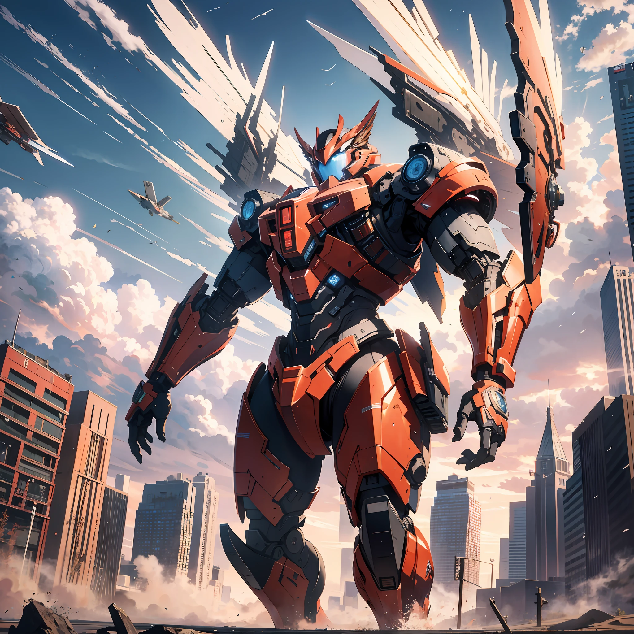 Absurd resolution, high resolution, (masterpiece: 1.4), hyper-detail, a mech, red armor with red wings, floating flight in the sky (1.8) The background is earth, fire