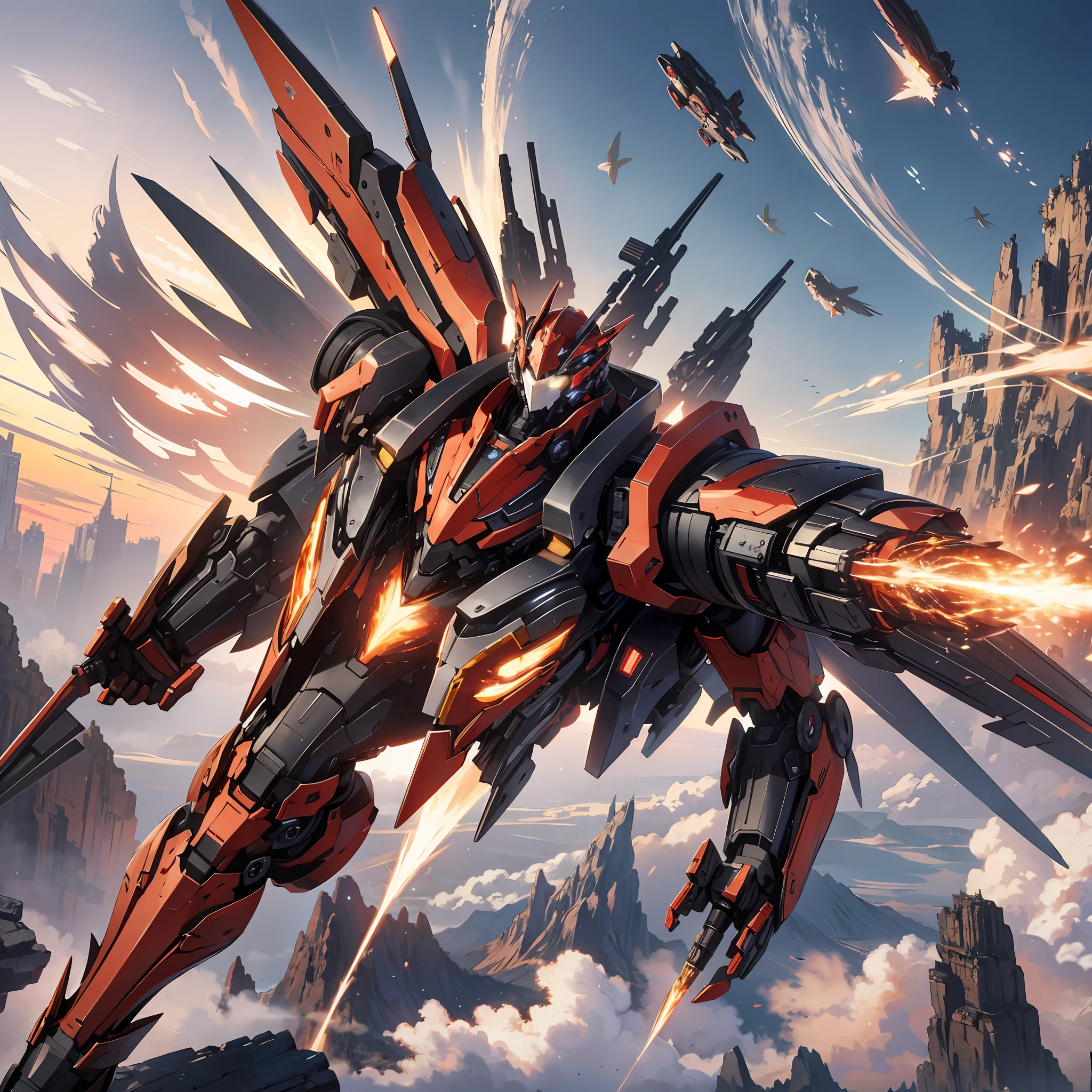 Absurd resolution, high resolution, (masterpiece: 1.4), hyper-detail, a mech, red armor with red wings, floating flight in the sky (1.8) The background is earth, fire