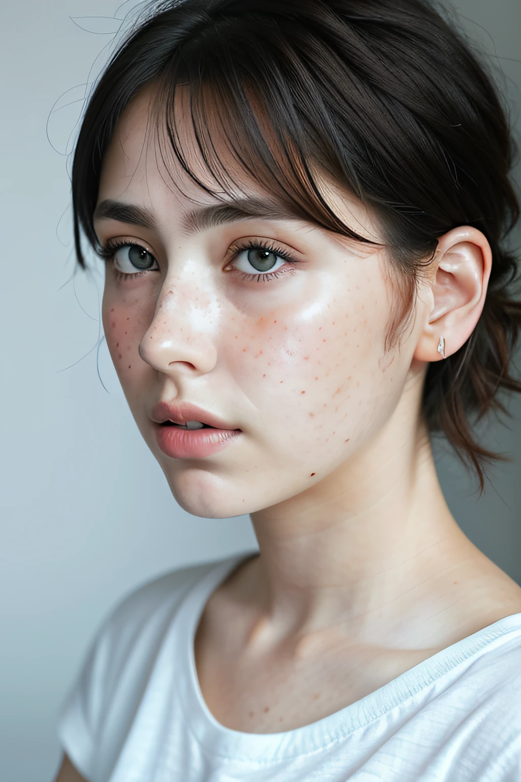 Detailed and realistic portrait of a woman with some freckles, round eyes and messy short hair, wearing a white t-shirt, staring at the camera, chapped lips, soft natural light, portrait photography, magical photography, dramatic lighting, photorealism, ultra-detailed, intimate portrait composition, Leica 50mm, f1. 4 pcs