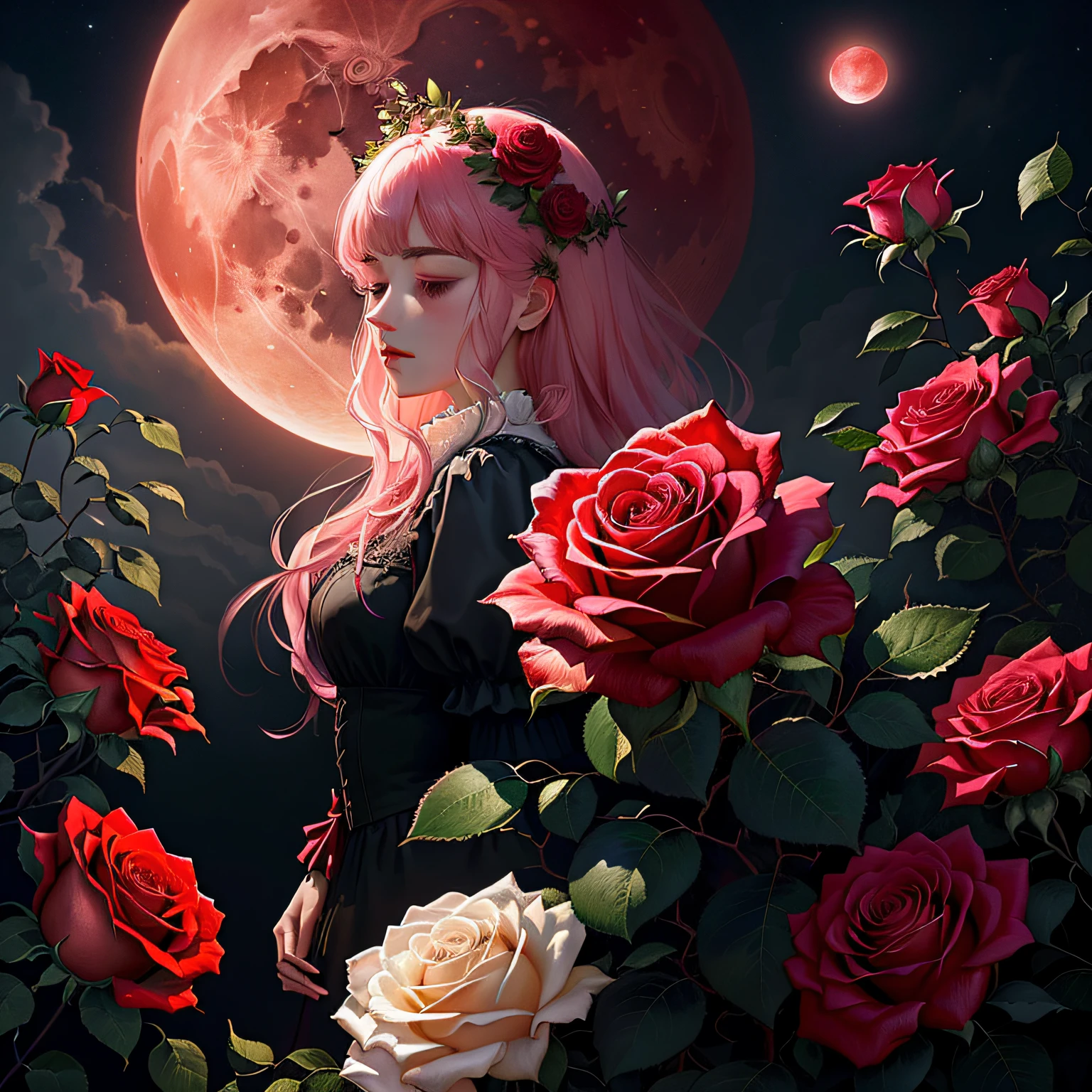 Themed roses, roses on branches before full moon, full moon is background, melancholic rose soft light, blood moon background, pink moon, background artwork, detailed crimson moon, low detail. Digital painting, roses, digital painting, red flower atmosphere in the sky, loish and wlop, in the moon, abstract smoky rose, in digital painting style, background art