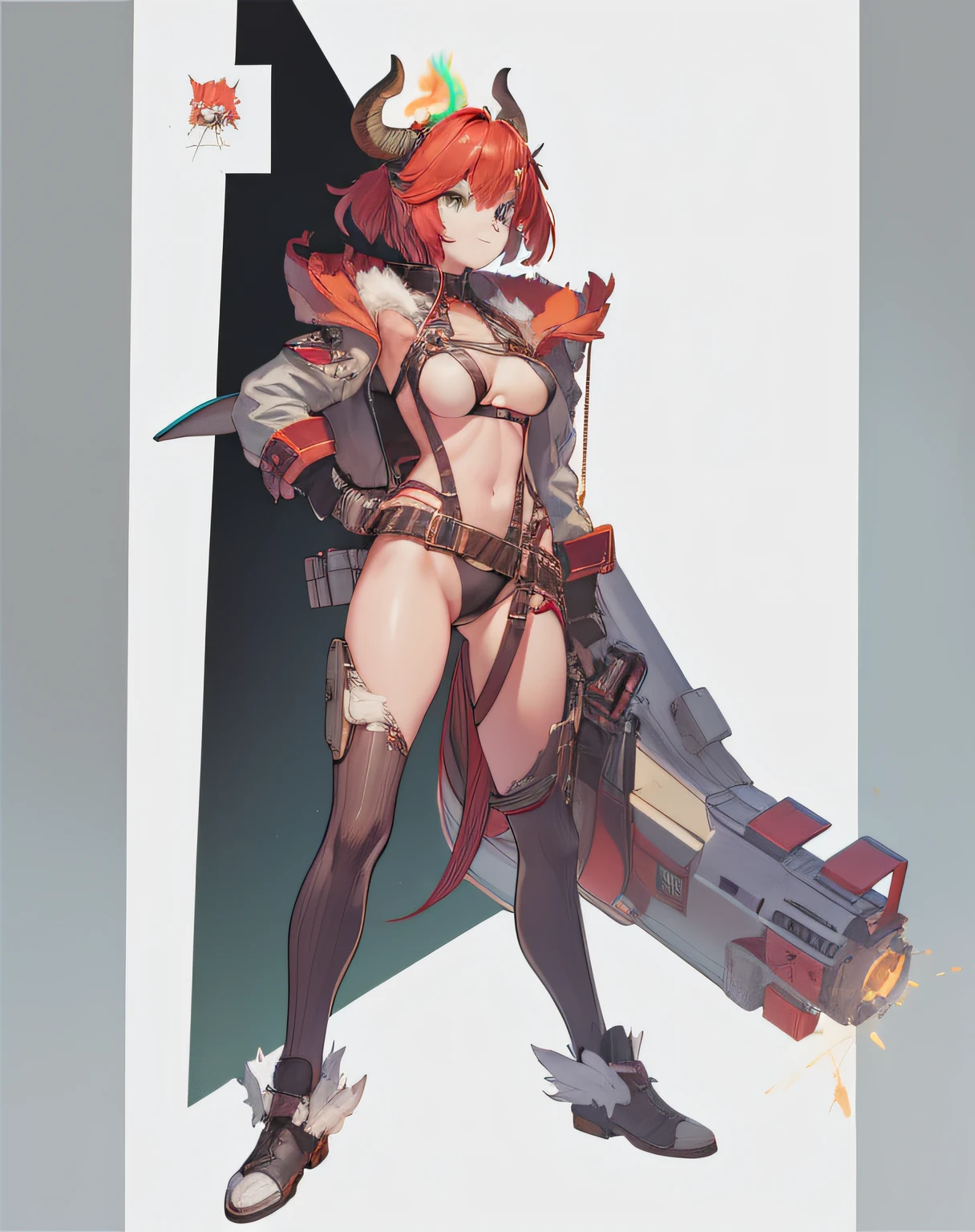 Red-haired girl, green eyes, pigtails, a wreath of horns on her head, a techno barbarian, a huge techno cannon in her hands, a huntress, bones on her body, insect plates, chitin, fur, small bones, light bones and red fur on her shoulders, dark leather stockings made of strips of cut leather on her legs, ropes and light bones on her body, thin panties, a small bra made of bones, bright red hair,  Decorations made of horns, fur - a cannon. instead of panties, a rope, instead of a bra, bones and chitin, fur shoulder pads and with chitin, a tail of hair on the back of the head looks up, a short haircut, a high-tech cyberpunk gun, the girl has green eyes, a playful look, a good-natured smile, a neat nose, tight panties, tight thongs, mini underwear, leaky underwear, torn fabrics, a lot of torn fabrics, a lot of holes in fabrics, a gun with a monster's head,  The barrel of the cannon in the form of a monster bursts out of its mouth flames. The girl has short hair, a short ponytail at the back and looks up, fur shoulder pads, a jacket on her shoulders, a torn bra