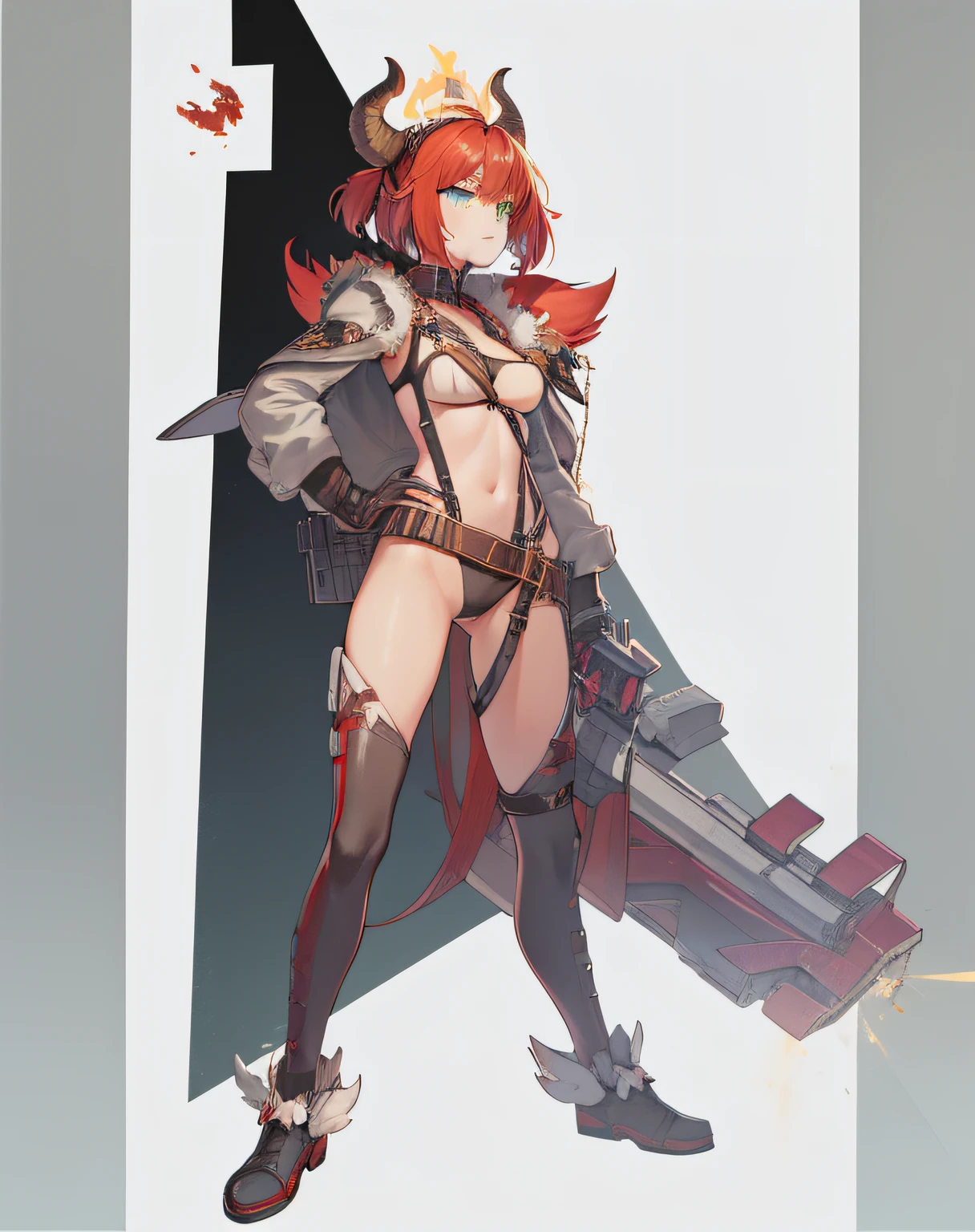 Red-haired girl, green eyes, pigtails, a wreath of horns on her head, a techno barbarian, a huge techno cannon in her hands, a huntress, bones on her body, insect plates, chitin, fur, small bones, light bones and red fur on her shoulders, dark leather stockings made of strips of cut leather on her legs, ropes and light bones on her body, thin panties, a small bra made of bones, bright red hair, Decorations made of horns, fur - a cannon. instead of panties, a rope, instead of a bra, bones and chitin, fur shoulder pads and with chitin, a tail of hair on the back of the head looks up, a short haircut, a high-tech cyberpunk gun, the girl has green eyes, a playful look, a good-natured smile, a neat nose, tight panties, tight thongs, mini underwear, leaky underwear, torn fabrics, a lot of torn fabrics, a lot of holes in fabrics, a gun with a monster's head, The barrel of the cannon in the form of a monster bursts out of its mouth flames. The girl has short hair, a short ponytail at the back and looks up, fur shoulder pads, a jacket on her shoulders, a torn bra