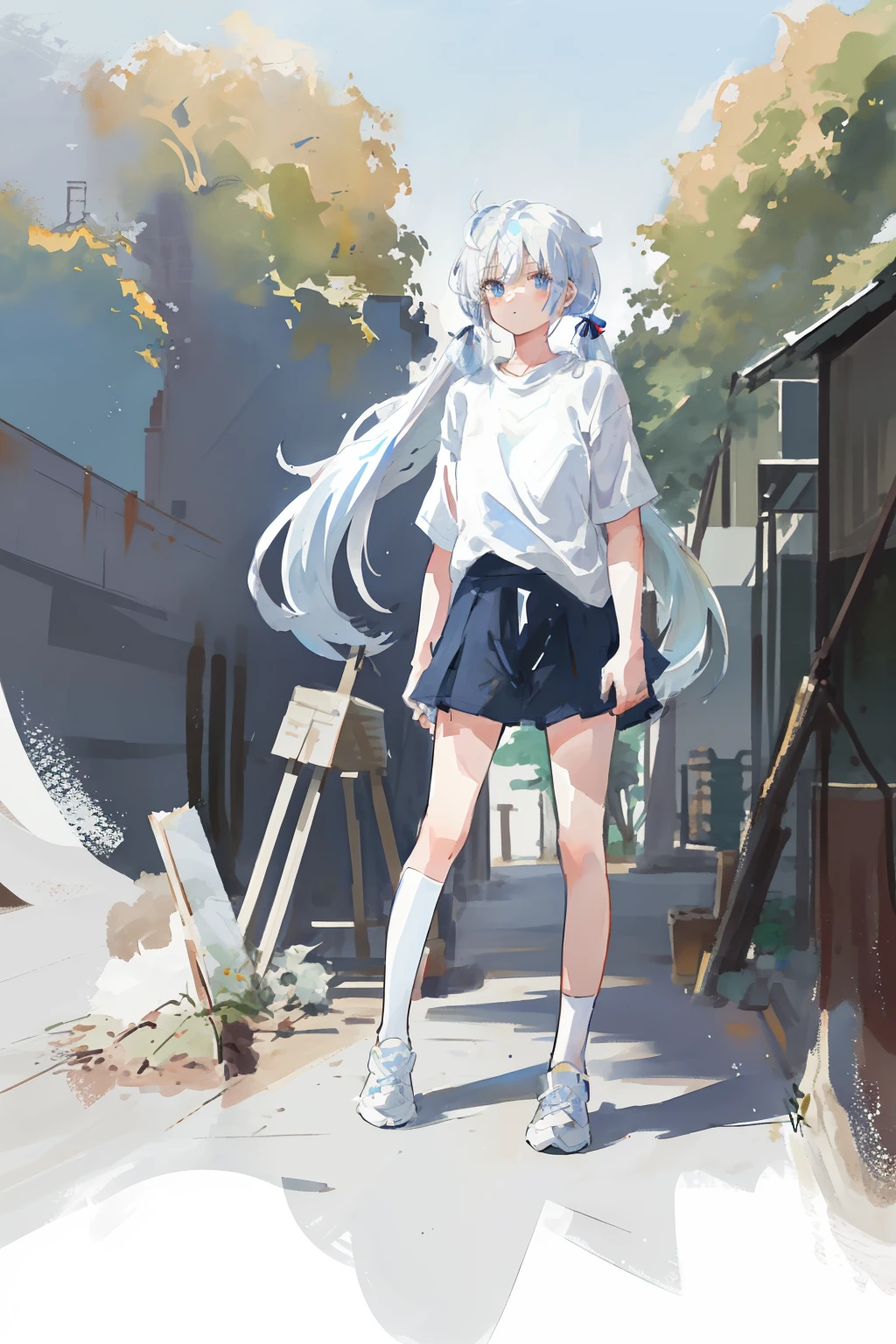 (best quality, masterpiece), 1girl, (female focus), ahoge, white blue hair, ((white shirt), (overfit shrit)), long hair, standing, twintails, [[mild heterochromia]], white background