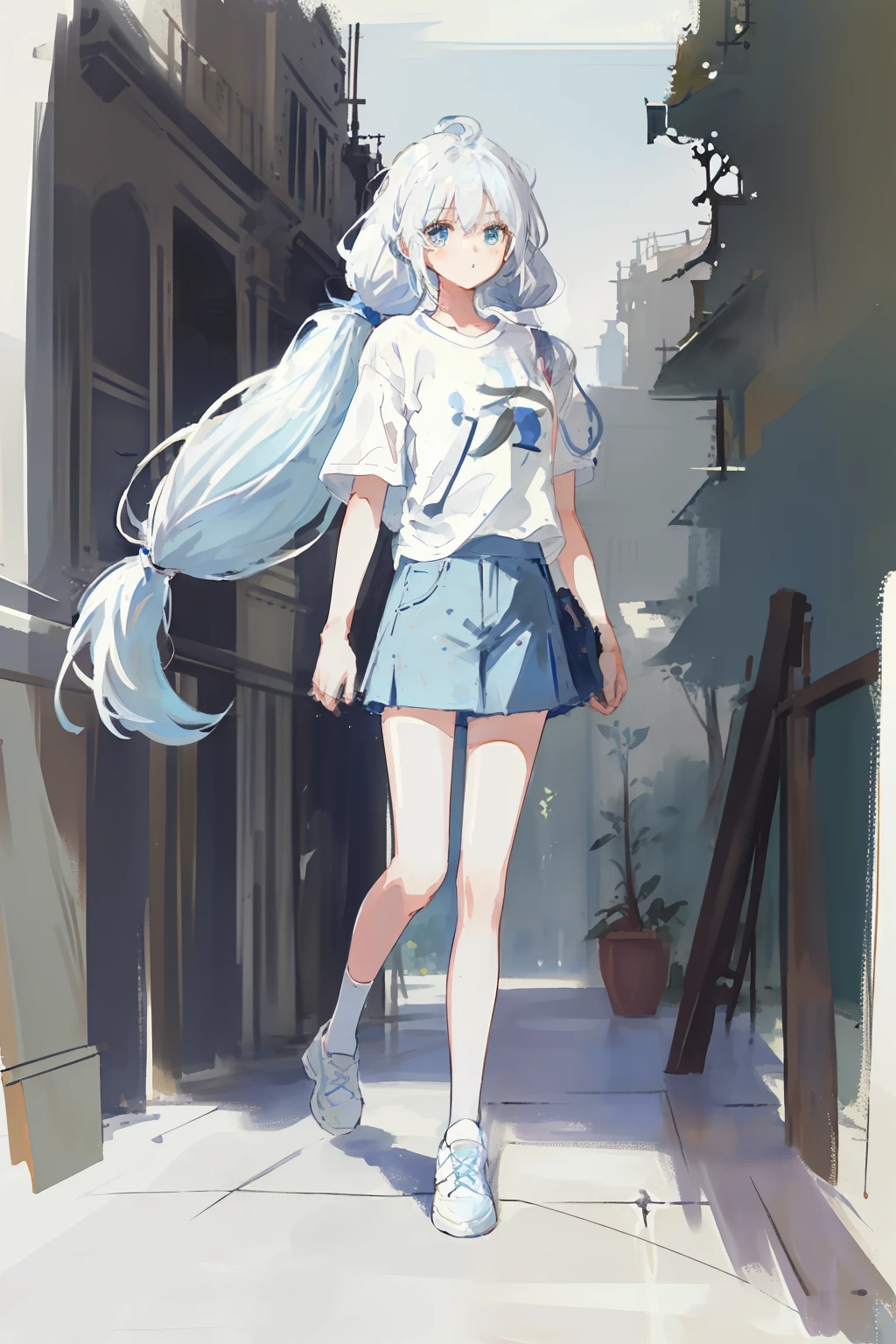 (best quality, masterpiece), 1girl, (female focus), ahoge, white blue hair, ((white shirt), (overfit shrit)), long hair, standing, twintails, [[mild heterochromia]], white background