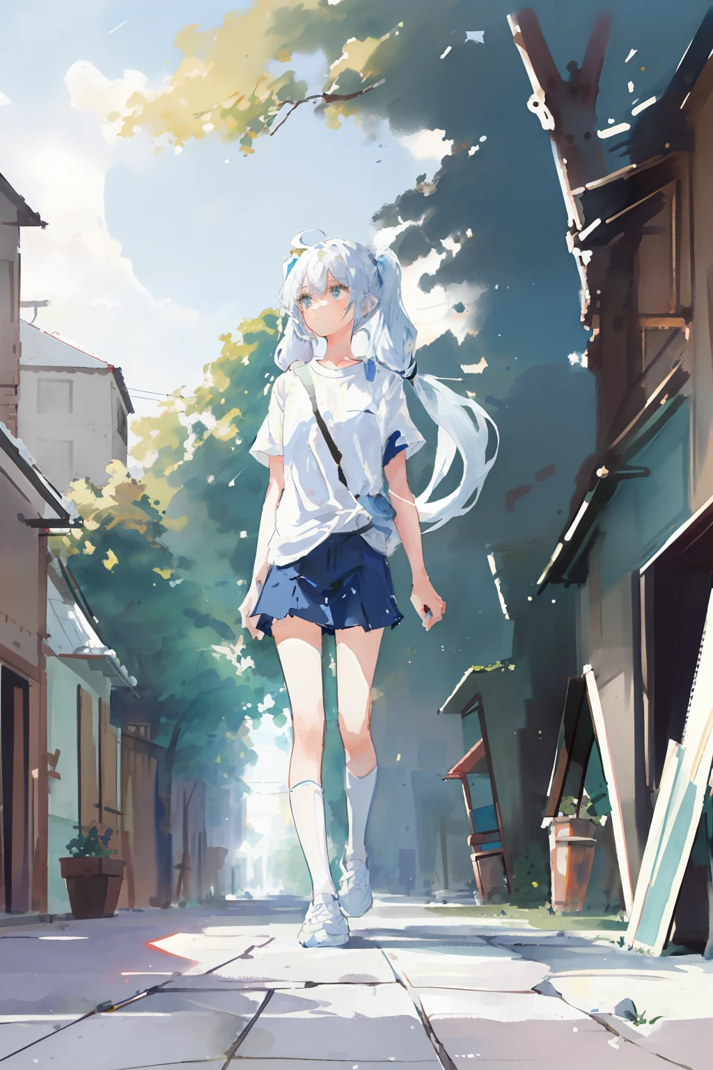 (best quality, masterpiece), 1girl, (female focus), ahoge, white blue hair, ((white shirt), (overfit shrit)), long hair, standing, twintails, [[mild heterochromia]], white background