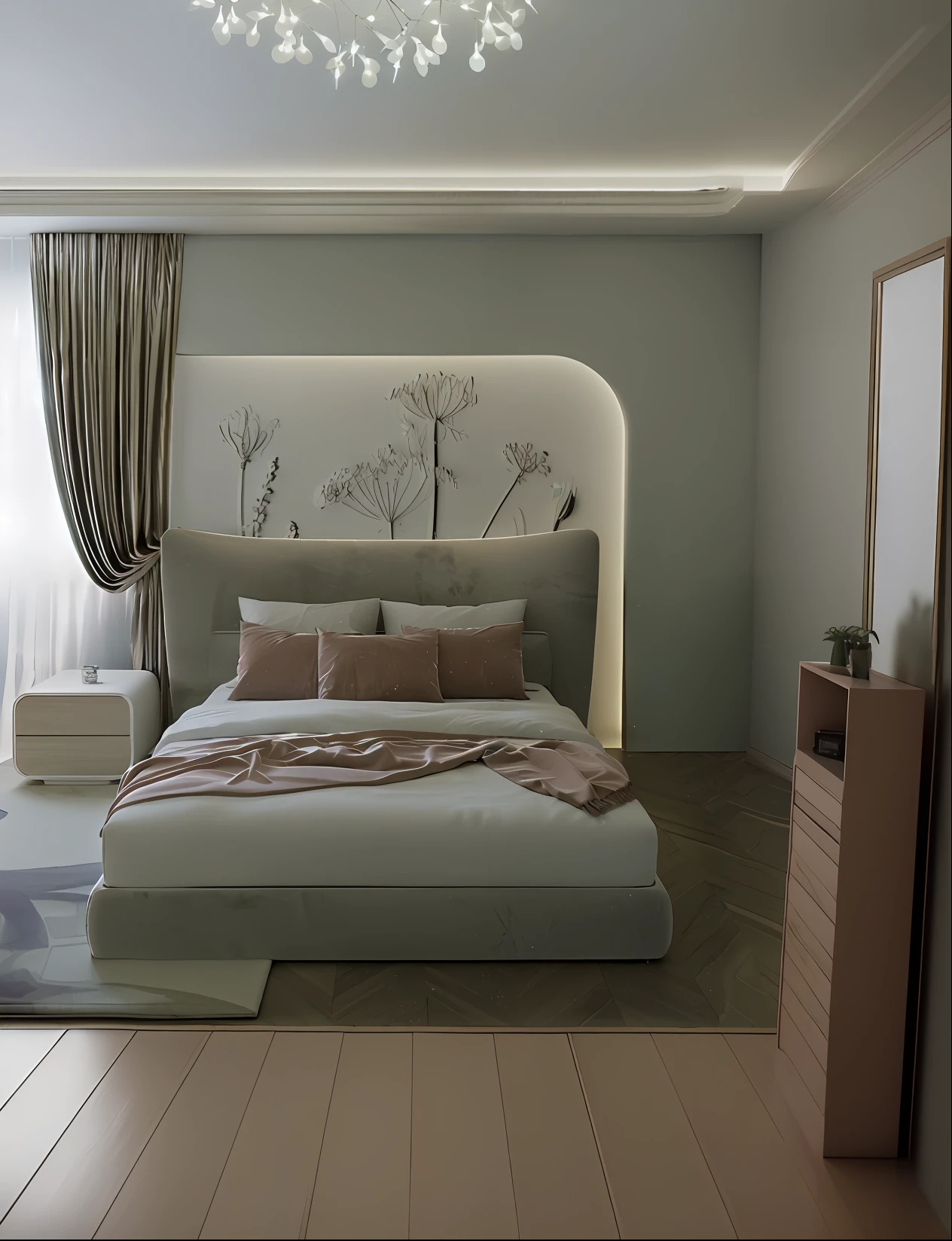 there is a bed with a headboard and pillows in a room, bed room, dim bedroom, elegant render, rendered in vray, realistic 3 d style, bedroom interior, in style of 3d render, rendered in povray, exquisite rendering, soft 3d render, serene bedroom setting, very realistic render, with vray, vray rendered
