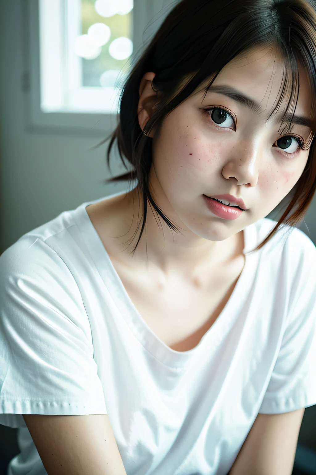 Detailed and realistic portrait of a Japanese woman with some freckles, round eyes and messy short hair, wearing a white t-shirt, staring at the camera, chapped lips, soft natural light, portrait photography, magical photography, dramatic lighting, photorealism, ultra-detailed, intimate portrait composition, Leica 50mm, f1. 4 pcs