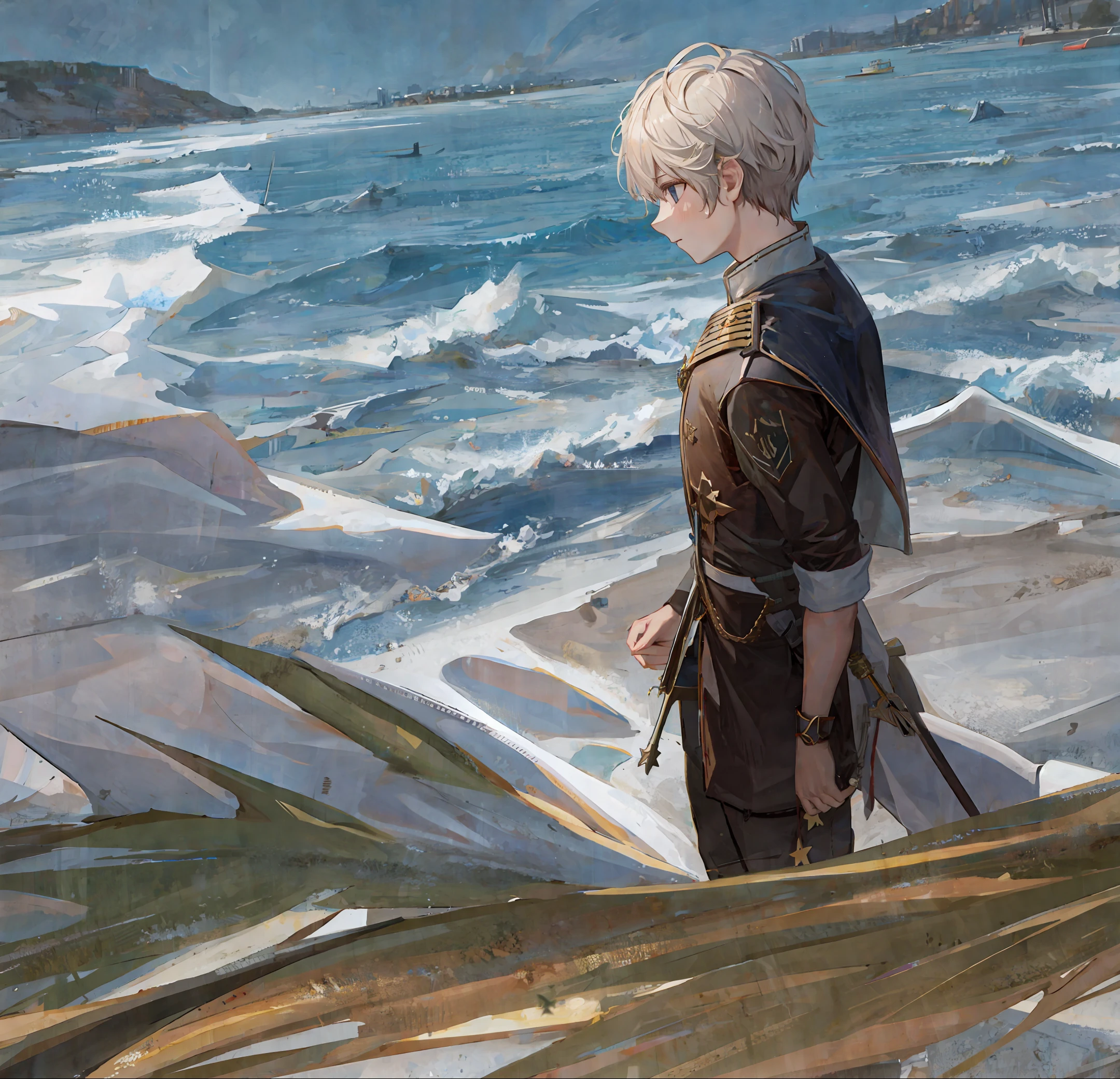 Boy sitting in boat, sword in hand, cape, loneliness, high resolution, sea of stars, vista, romance, smallness