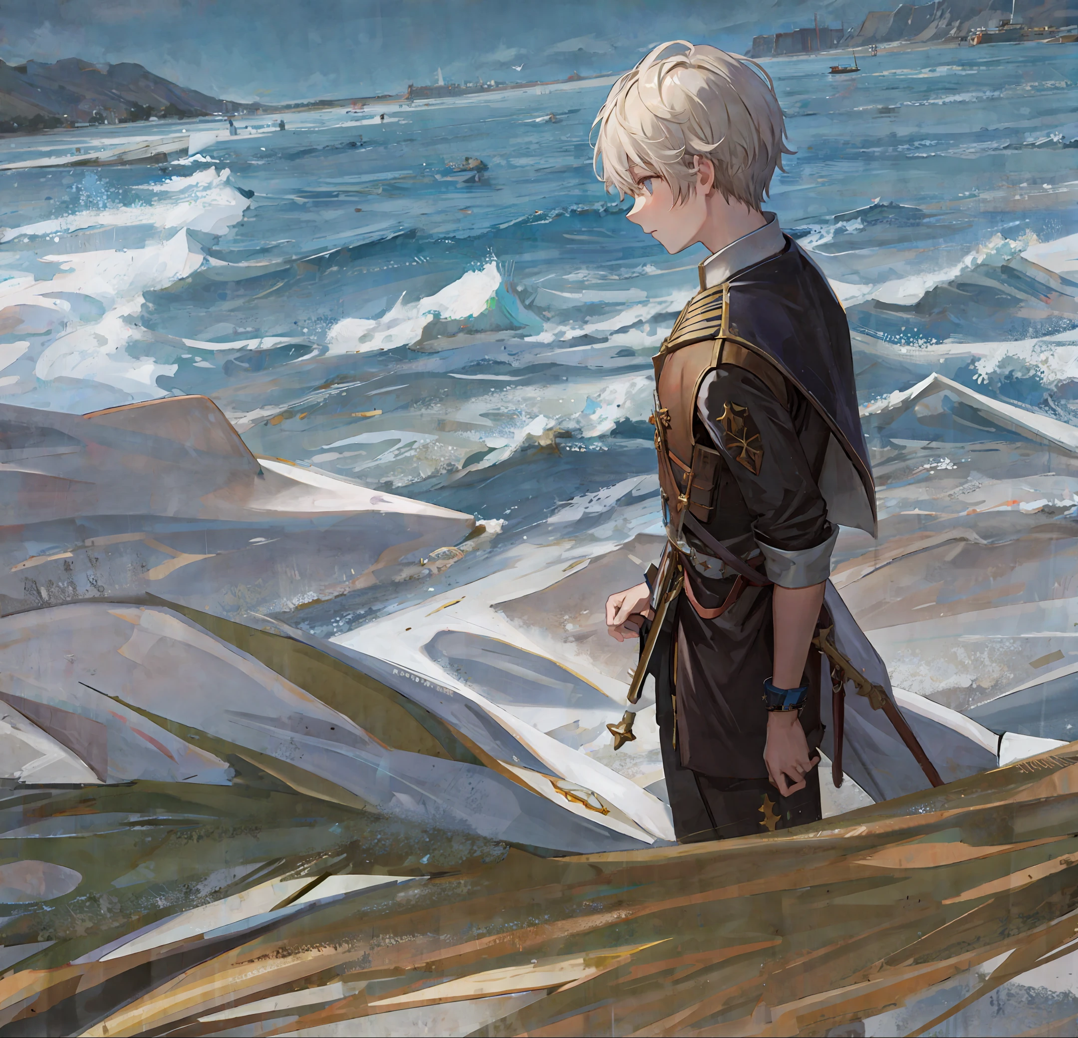 Boy sitting in boat, sword in hand, cape, loneliness, high resolution, sea of stars, vista, romance, smallness