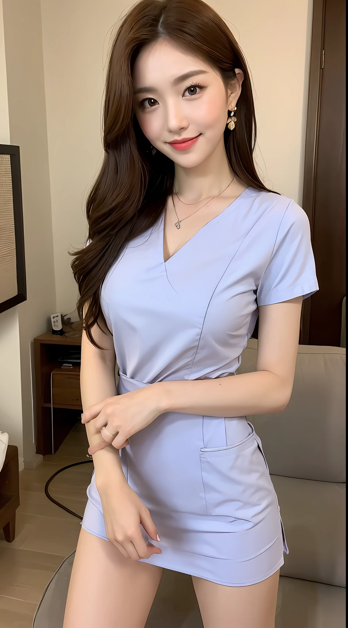((Top Quality, 8k, Masterpiece: 1.3)), Focus: 1.2, Perfect Body Beauty: 1.4, Buttocks: 1.2, ((Delicate Hair)), (Stylish Nurse Uniform: 1.1), (Room, Living Room: 1.3), Highly Detailed Face and Skin Texture, Fine Eyes, Double Eyelids, Whitening Skin, Big Tits, Smile, Wearing a Necklace, Brown Hair Big Tits Butt sticking out