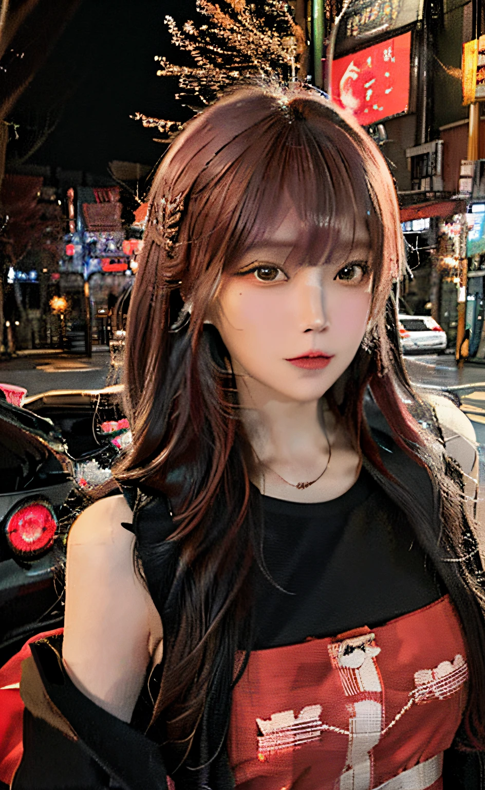 1girl, Tokyo street,night, cityscape,city lights, upper body,close-up, 8k, RAW photo, best quality, masterpiece,realistic, photo-realistic,headgear of red rose, parted bangs, long hair,
