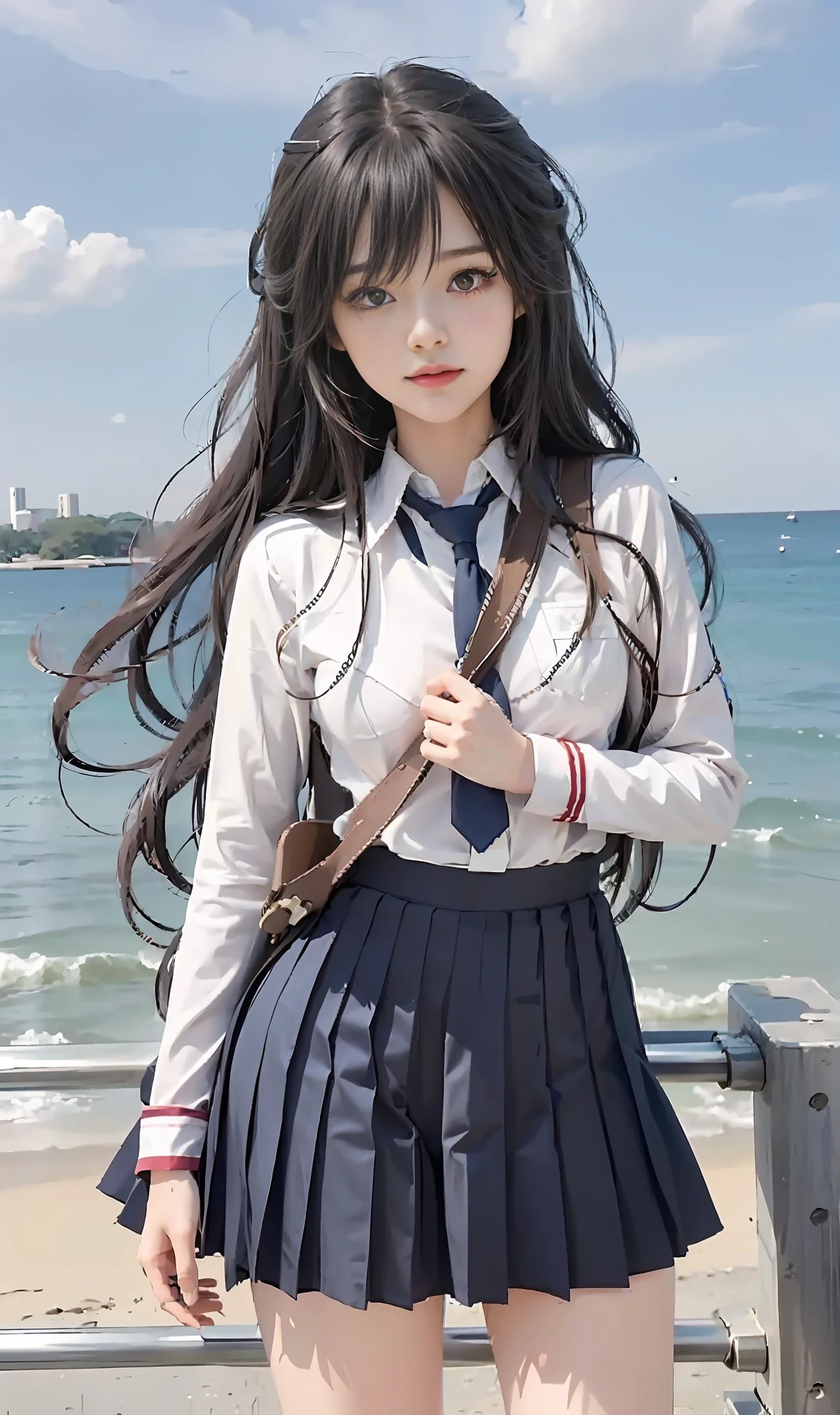 anime girl in a school uniform standing on a pier, beautiful anime high school girl, anime girl with long hair, anime visual of a cute girl, by Jin Homura, kantai collection style, young anime girl, an anime girl, smooth anime cg art, female anime character, beautiful anime girl, (anime girl), attractive anime girl, anime best girl, hd image