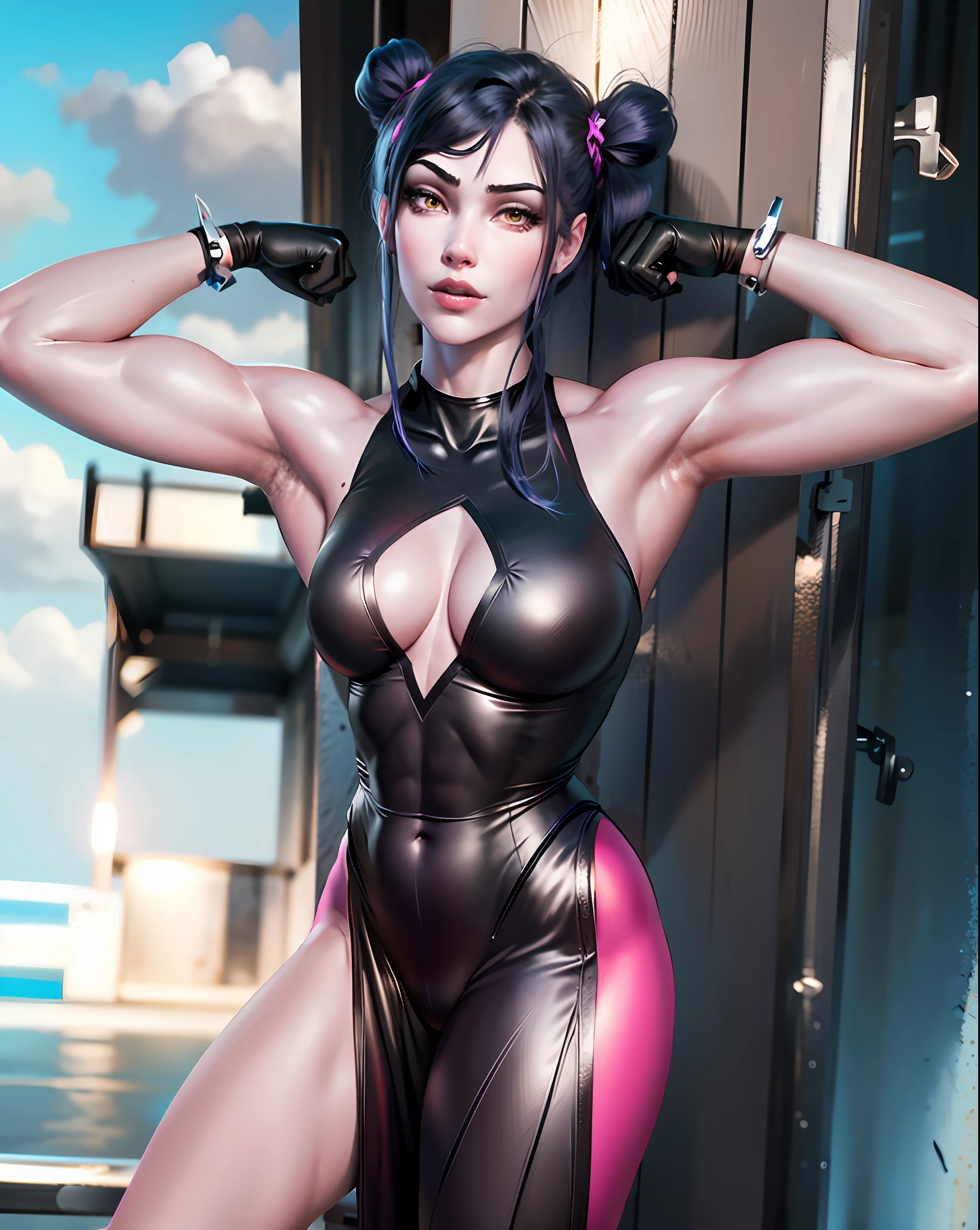 Widowmaker posing in a black dress, strong pose, thicc, pretty face with arms and legs, muscled, posing and flexing, kailee mandel, muscular girl, powerful pose, full body!!!, strong and imposing, anna nikonova aka newmilky, tight attire, thicc build, fit girl, muscles