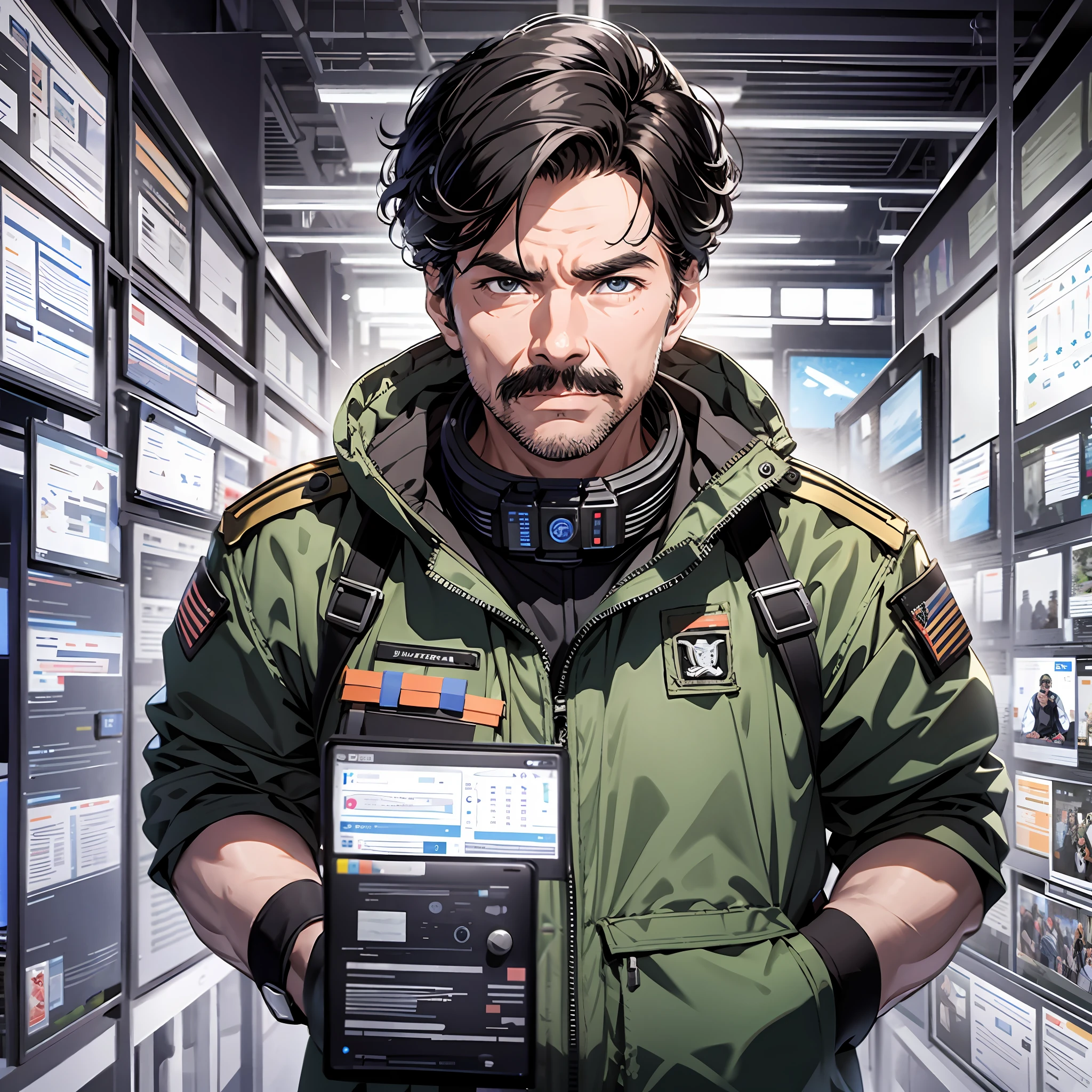 Major General middle-aged man, background is a large scientific observation post with many large screens, surprised expressions, upper body display