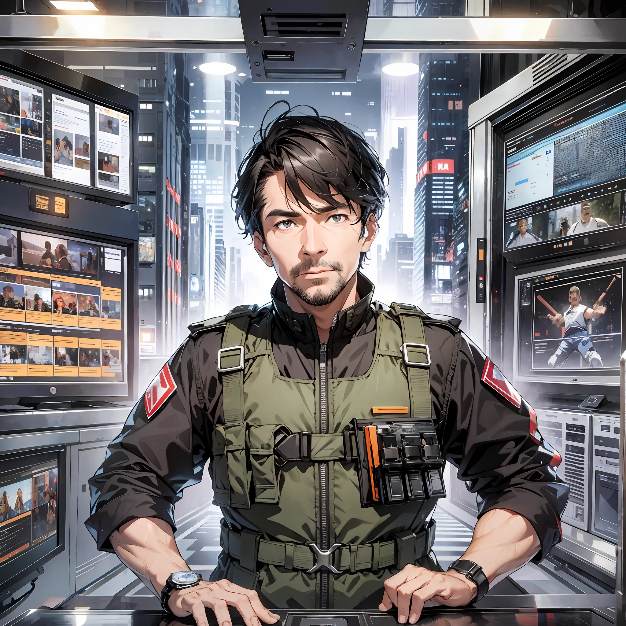 Major General middle-aged man, background is a large scientific observation post with many large screens, surprised expressions, upper body display