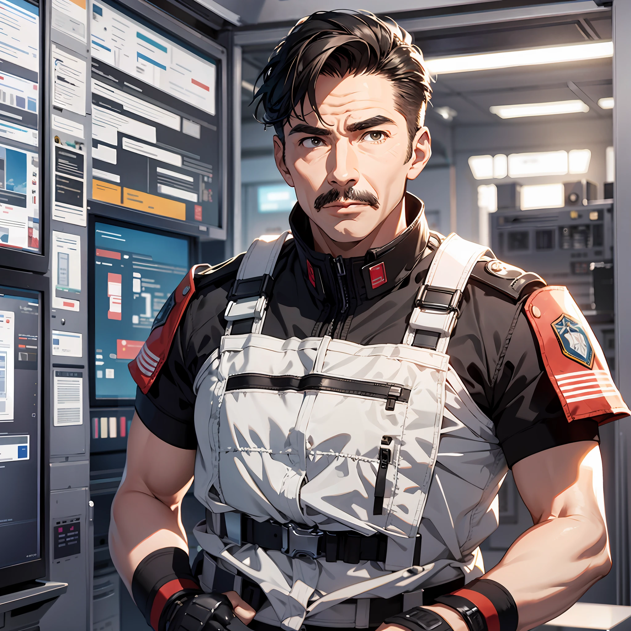 Major General middle-aged man, background is a large scientific observation post with many large screens, surprised expressions, upper body display