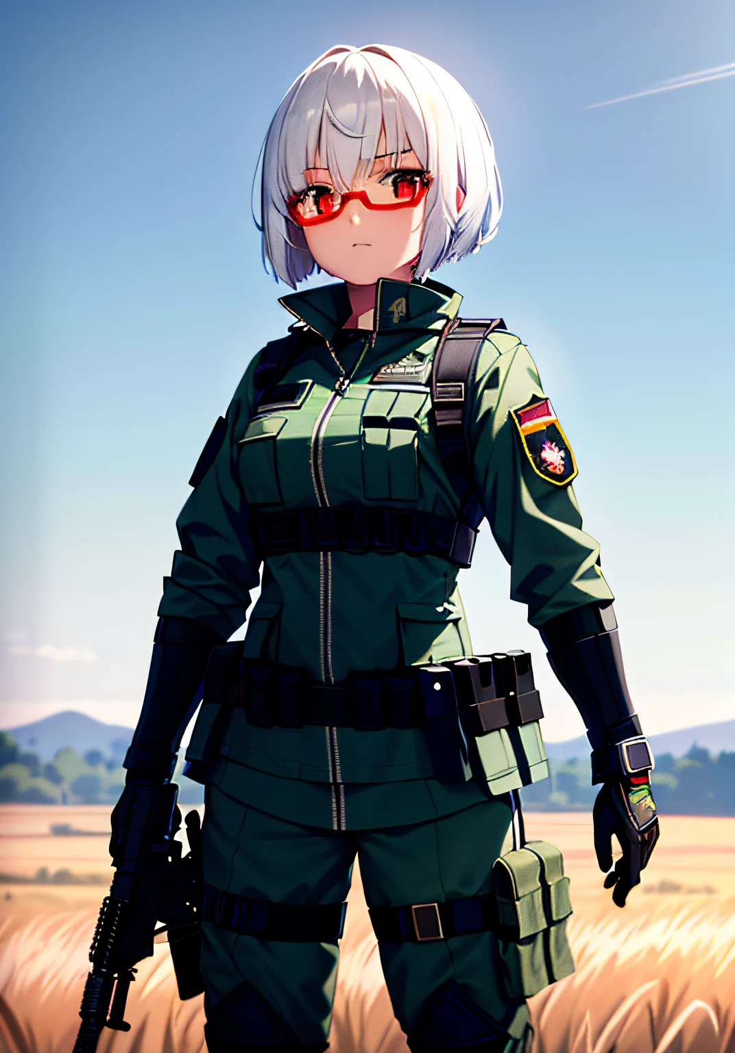 masterpiece , a girl, ( lite white short hair:1.2), (red eyes:1.2), (special ops uniform:1.2), (looks at the viewer:1.2) , (8k, best quality 1.2), ultra-detailed, 8k uhd, soft lighting, high quality, film grain, beautiful lighting, cinematic ,perfect body , best illumination, best shadow, sharpness, contrast, red glasses, serious face, infantry girl, tactical armor, tactical gear, holding pdw, future combat gear, russian special ops, black tactical gear, heavily armed, wearing techwear and armor, dressed in tactical armor, girl soldier with a gun and helmet standing in a field