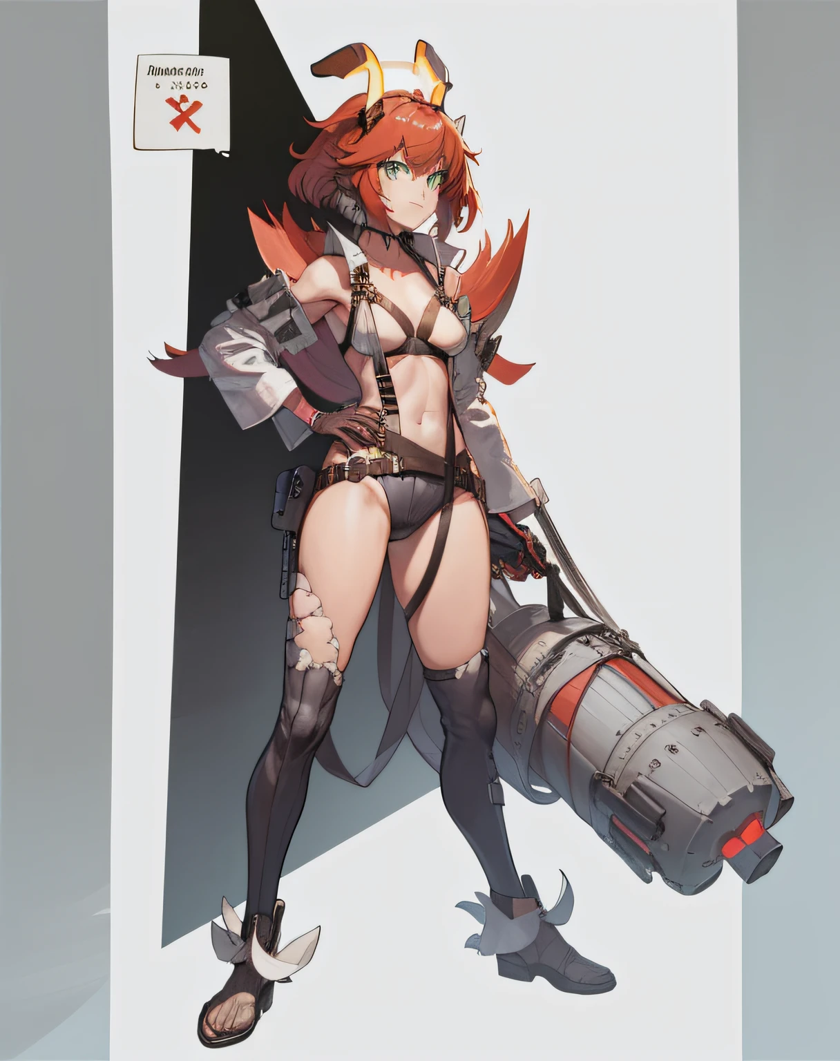 Red-haired girl, green eyes, pigtails, a wreath of horns on her head, a techno barbarian, a huge techno cannon in her hands, a huntress, bones on her body, insect plates, chitin, fur, small bones, light bones and red fur on her shoulders, dark leather stockings made of strips of cut leather on her legs, ropes and light bones on her body, thin panties, a small bra made of bones, bright red hair, Decorations made of horns, fur - a cannon. instead of panties, a rope, instead of a bra, bones and chitin, fur shoulder pads and with chitin, a tail of hair on the back of the head looks up, a short haircut, a high-tech cyberpunk gun, the girl has green eyes, a playful look, a good-natured smile, a neat nose, tight panties, tight thongs, mini underwear, leaky underwear, torn fabrics, a lot of torn fabrics, a lot of holes in fabrics, a gun with a monster's head, The barrel of the cannon in the form of a monster bursts out of its mouth flames. The girl has short hair, a short ponytail at the back and looks up, fur shoulder pads, a jacket on her shoulders, a torn bra, no underwear