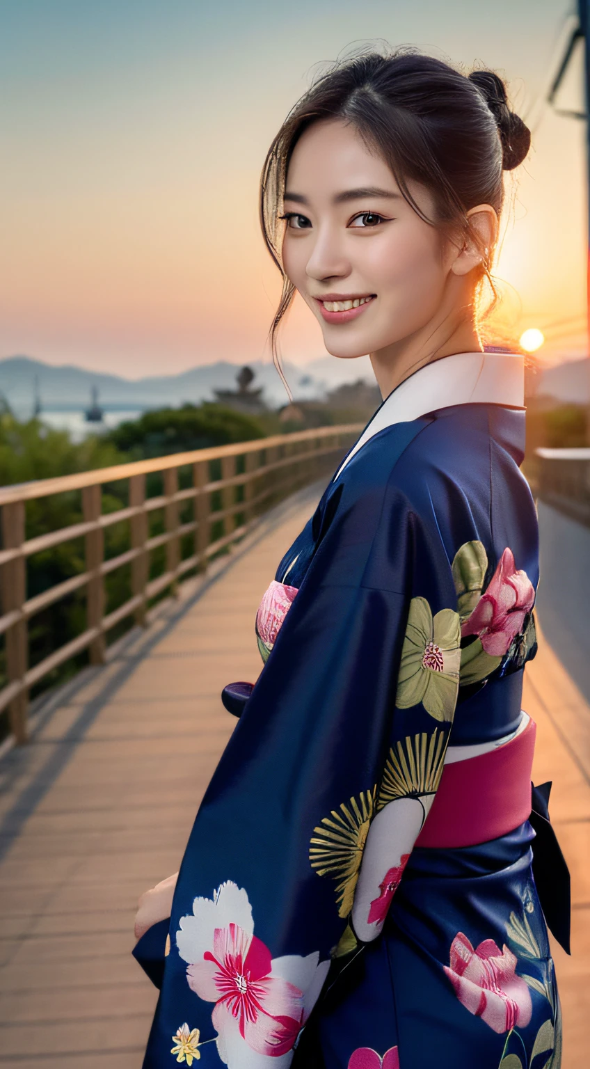 (((top quality, 8k, masterpiece))), crisp focus, (beautiful woman with perfect figure), slender, (hairstyle: up)), ((kimono: Kara)), street: 1.2 Highly detailed face and skin texture Detailed eyes Double eyelids random posture, (smile),super cute Japan person,super beauty Japanese girl, realistic face, double eyelid,smile,summer festival , at sunset ,fire-works back-ground.