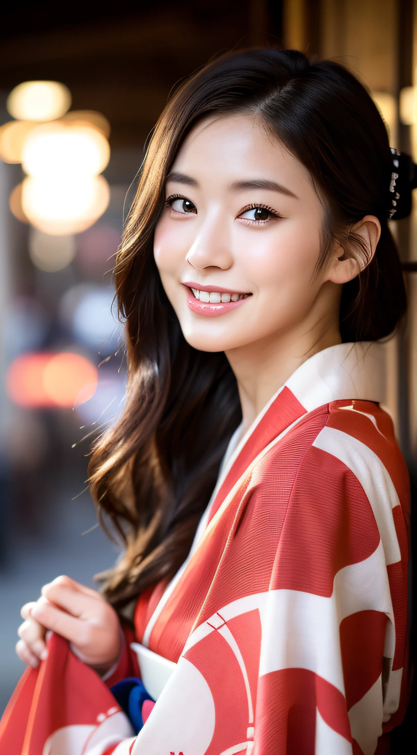 (((top quality, 8k, masterpiece))), crisp focus, (beautiful woman with perfect figure), slender, (hairstyle: up)), ((kimono: Kara)), street: 1.2 Highly detailed face and skin texture Detailed eyes Double eyelids random posture, (smile),super cute Japan person,super beauty Japanese girl, realistic face, double eyelid,smile,summer festival , at sunset ,fire-works back-ground.