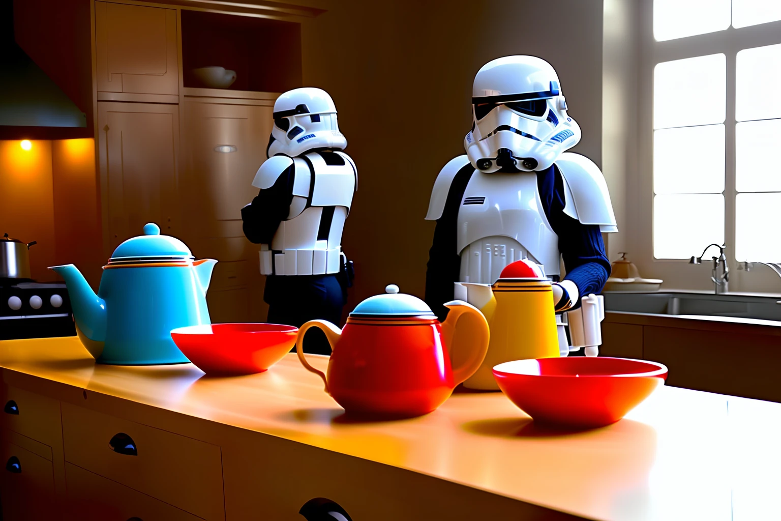 realistic movie still of a (imperial storm troopers from star wars) sitting colorful spanish retro kitchen with colorful kitchen appliances, food processors, coffee machines, teapot on the table (directed by pedro almodovar) photography , award winning, 8k , cinematic lighting , beautiful , realistic , ,insane details, intricate details, hyperdetailed, fog , soft light , octane , interior by pedro almodovar