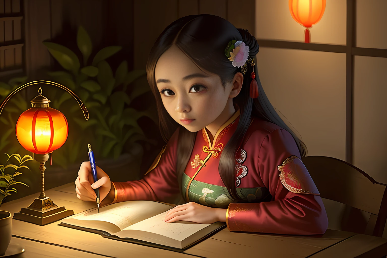 A photo of a beautiful girl in a traditional Chinese dress looking at ancient chinese book under lamp on a low table in garden surrounded by old walls in a peaceful night,((her right hold a pen and her left hand place on table)),((masterpiece)),realistic,4k,extremely detailed,((beautiful big eyes))