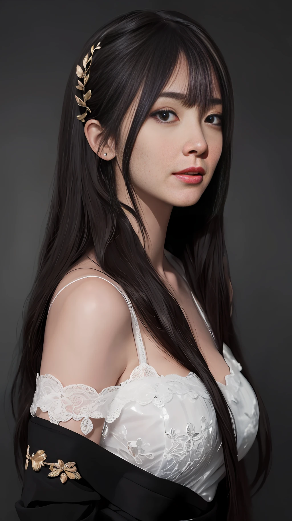 (Ultra Realistic), (Illustration), (Increased Resolution), (8K), (Extremely Detailed), (Best Illustration), (Beautiful and Detailed Eyes), (Best Quality), (Ultra Detailed), (Masterpiece ), ( wallpaper), (detailed face), solo, 1 girl, looking at viewer, fine details, detailed face, in the dark, deep shadows, low key, pureerosfaceace_v1, smiling, long hair, black shawl straight hair , 46 points oblique bangs