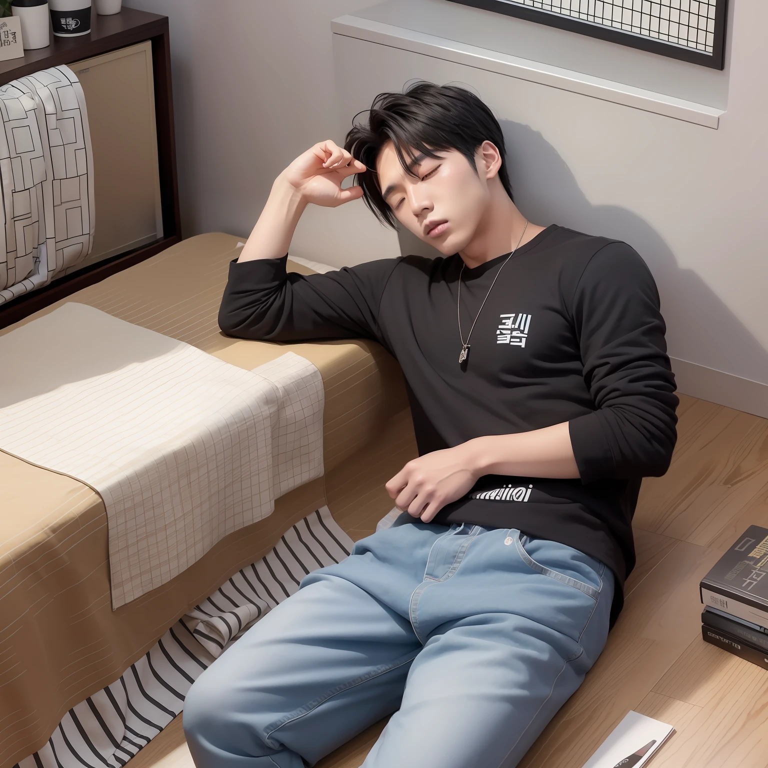 Korean male, black hair, centered, double, cool, masculinity, korean idol, high nose, pajamas, waking up