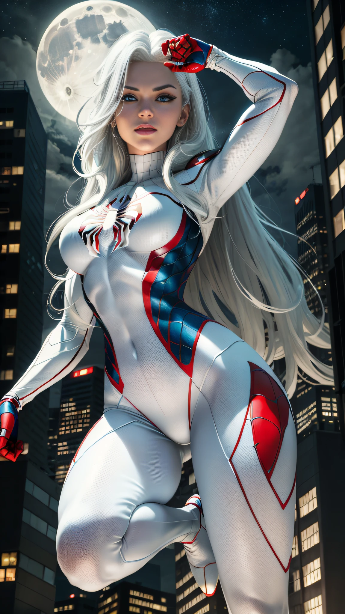 (Masterpiece, 4k resolution, ultra-realistic, very detailed), (White superhero theme, charismatic, there's a girl on top of town, wearing Spider-Man costume, she's a superhero), [ ((25 years), (long white hair:1.2), full body, (blue eyes:1.2), ((Spider-Man pose),show of strength, jumping from one building to another), ((sandy urban environment):0.8)| (cityscape, at night, dynamic lights), (full moon))] # Explanation: The Prompt mainly describes a 4K painting of ultra-high definition, very realistic, very detailed. It shows a superheroine at the top of the city, wearing a Spider-Man costume. The theme in the painting is a white superhero theme, the female protagonist has long white hair, is 25 years old and her entire body is shown in the painting. In terms of portraying the actions of superheroines, spiders are employed