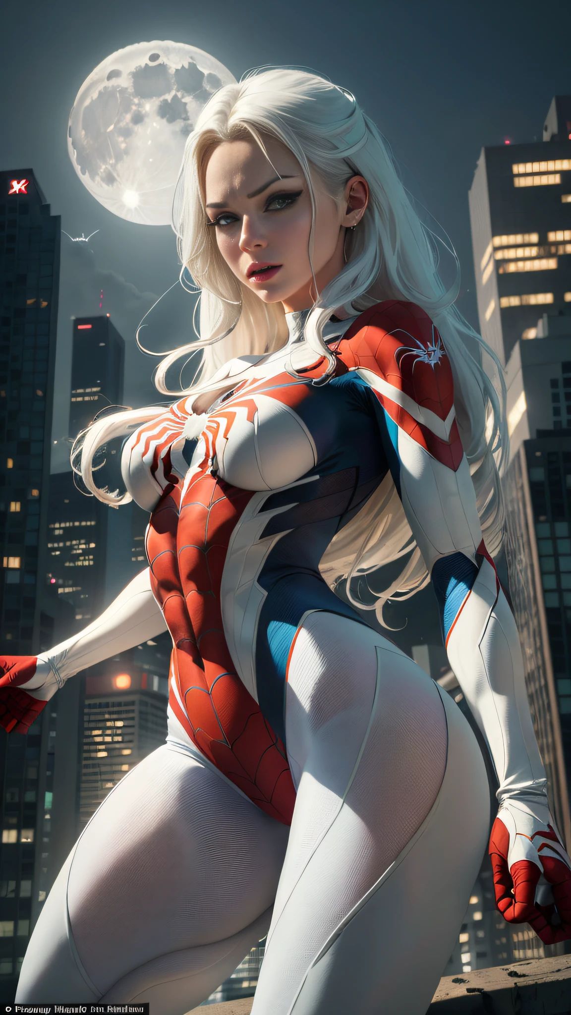 (Masterpiece, 4k resolution, ultra-realistic, very detailed), (White superhero theme, charismatic, there's a girl on top of town, wearing Spider-Man costume, she's a superhero), [ ((25 years), (long white hair:1.2), full body, (blue eyes:1.2), ((Spider-Man pose),show of strength, jumping from one building to another), ((sandy urban environment):0.8)| (cityscape, at night, dynamic lights), (full moon))] # Explanation: The Prompt mainly describes a 4K painting of ultra-high definition, very realistic, very detailed. It shows a superheroine at the top of the city, wearing a Spider-Man costume. The theme in the painting is a white superhero theme, the female protagonist has long white hair, is 25 years old and her entire body is shown in the painting. In terms of portraying the actions of superheroines, spiders are employed