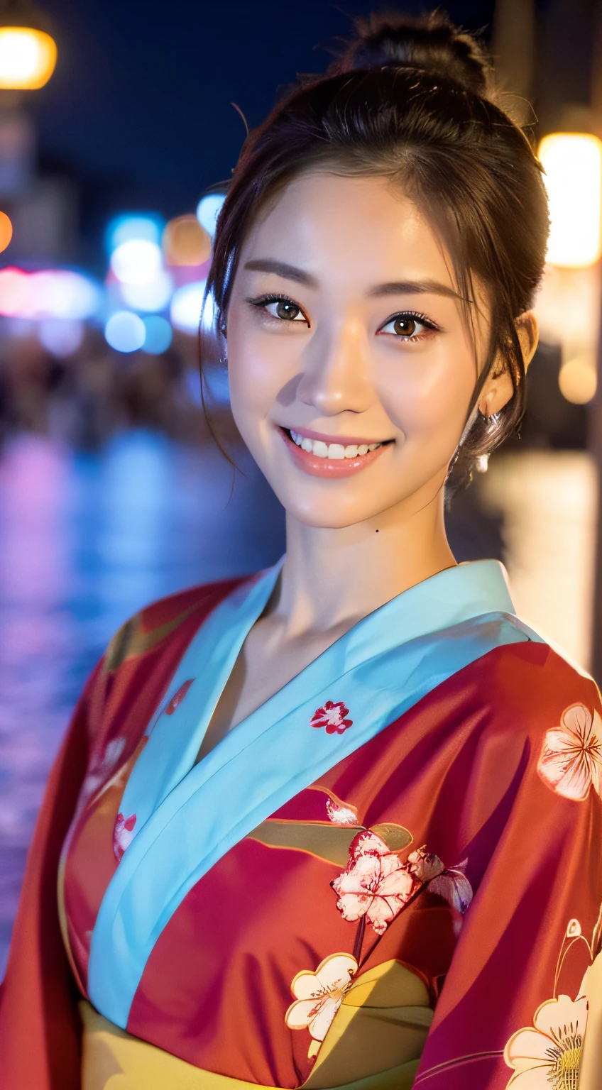 (((top quality, 8k, masterpiece))), crisp focus, (beautiful woman with perfect figure), slender, (hairstyle: up)), ((kimono: Kara)), street: 1.2 Highly detailed face and skin texture Detailed eyes Double eyelids random posture, (smile),super cute Japan person,super beauty Japanese girl, realistic face, double eyelid,smile,summer festival , at sunset ,fire-works back-ground.