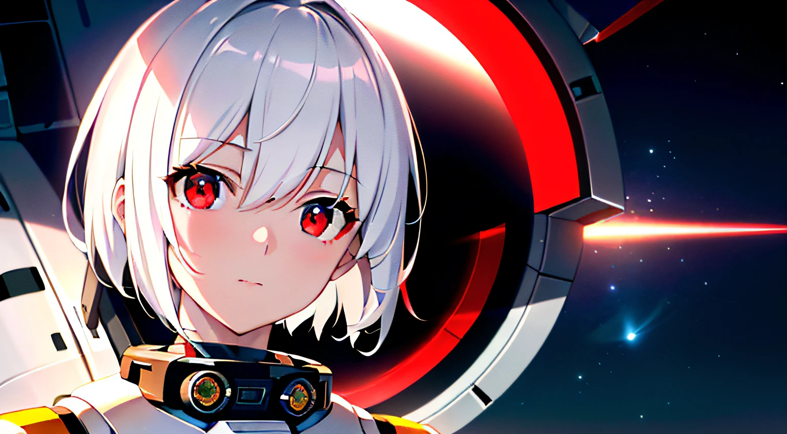 masterpiece , a girl, in space, ( lite white short hair:1.2), (red eyes:1.2), (Extravehicular Mobility Unit:1.2), (looks at the viewer:1.2) , (8k, best quality 1.2), ultra-detailed, 8k uhd, soft lighting, high quality, film grain, beautiful lighting, cinematic ,perfect body , best illumination, best shadow, sharpness, contrast