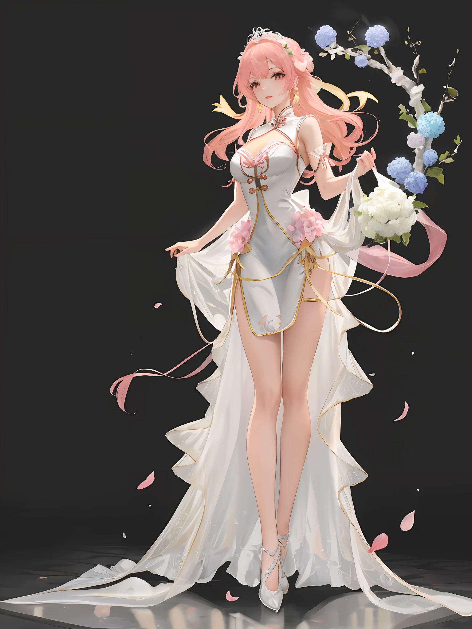 (masterpiece), best quality, high resolution, ultra-detailed, a beautiful dress in white in Chinese style, exquisite details, beautiful and elegant, colorful and lustrous, dress flowing, dramatic angle, close-up, koi, (personal warm), champagne, details are highlighted, ( extra long ribbon), Open, full body, a scene like prose poetry, pink petals, (sunlight falling on the skin), hairpins, hydrangeas, boudoirs.