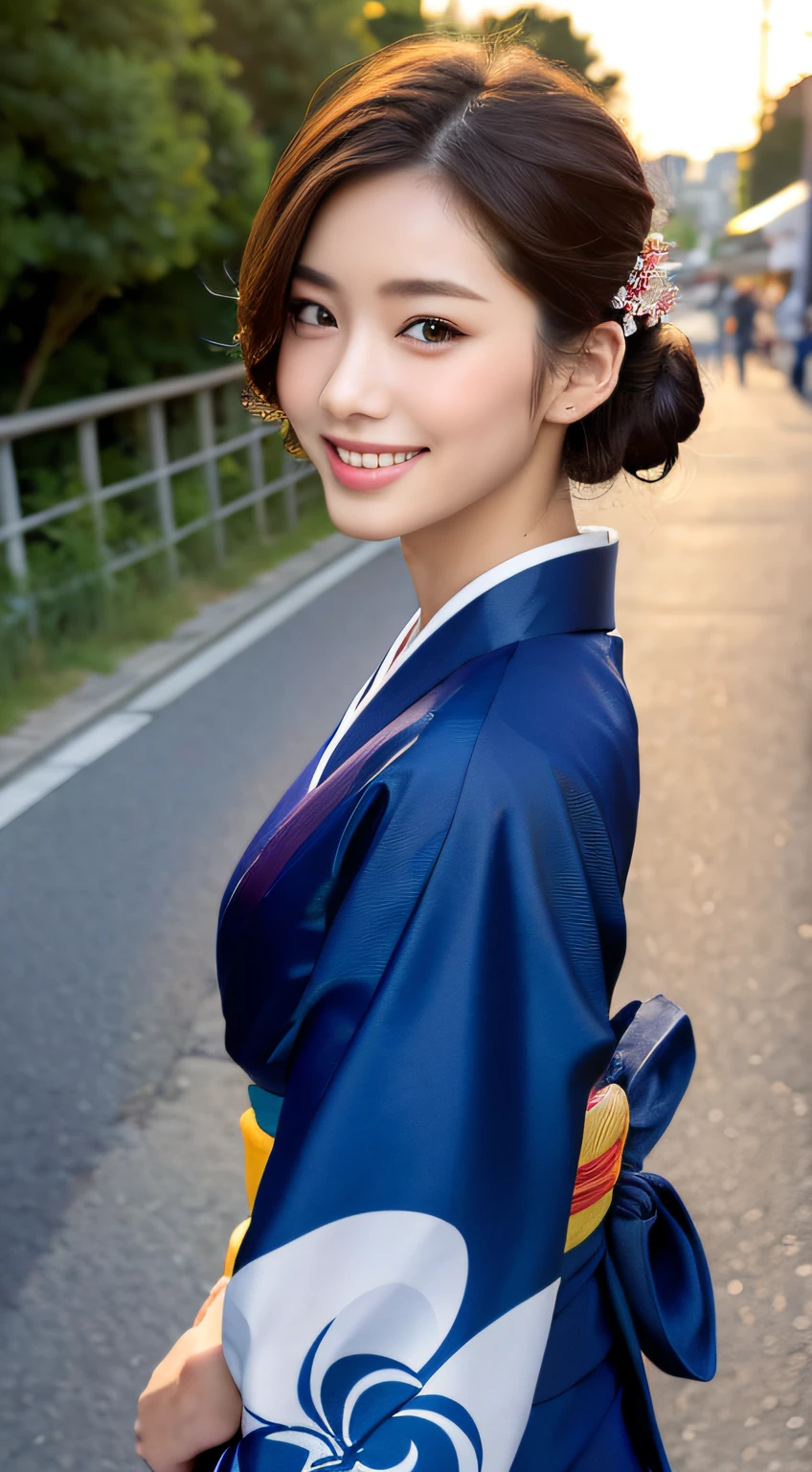 (((top quality, 8k, masterpiece))), crisp focus, (beautiful woman with perfect figure), slender, (hairstyle: up)), ((kimono: Kara)), street: 1.2 Highly detailed face and skin texture Detailed eyes Double eyelids random posture, (smile),super cute Japan person,super beauty Japanese girl, realistic face, double eyelid,smile,summer festival , at sunset ,fire-works back-ground.