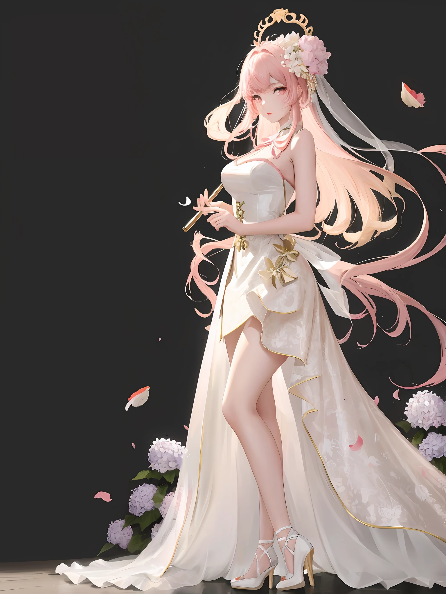 (masterpiece), best quality, high resolution, ultra-detailed, a beautiful dress in white in Chinese style, exquisite details, beautiful and elegant, colorful and lustrous, dress flowing, dramatic angle, close-up, koi, (personal warm), champagne, details are highlighted, ( extra long ribbon), Open, full body, a scene like prose poetry, pink petals, (sunlight falling on the skin), hairpins, hydrangeas, boudoirs.