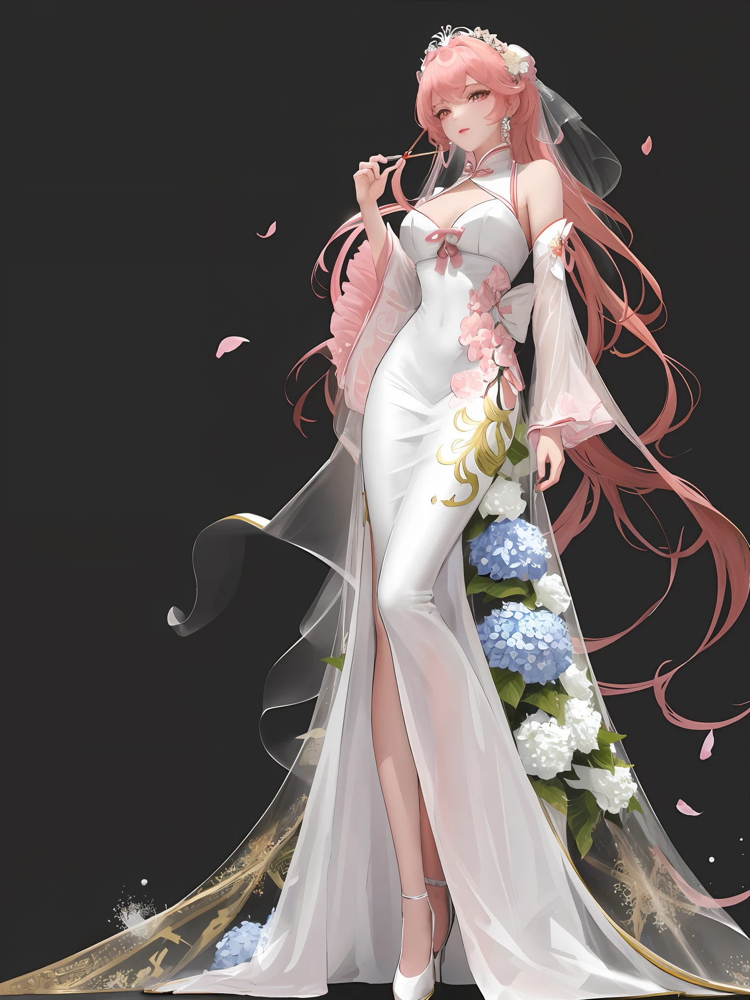 (masterpiece), best quality, high resolution, ultra-detailed, a beautiful dress in white in Chinese style, exquisite details, beautiful and elegant, colorful and lustrous, dress flowing, dramatic angle, close-up, koi, (personal warm), champagne, details are highlighted, ( extra long ribbon), Open, full body, a scene like prose poetry, pink petals, (sunlight falling on the skin), hairpins, hydrangeas, boudoirs.
