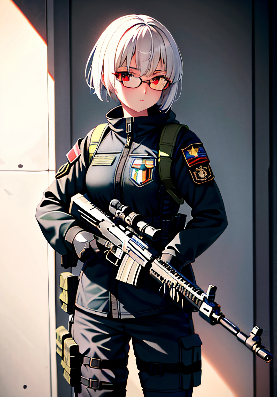 masterpiece , a girl, ( lite white short hair:1.2), (red eyes:1.2), (special ops uniform:1.2), (looks at the viewer:1.2) , (8k, best quality 1.2), ultra-detailed, 8k uhd, soft lighting, high quality, film grain, beautiful lighting, cinematic ,perfect body , best illumination, best shadow, sharpness, contrast, red glasses, serious face, infantry girl, tactical armor, tactical gear, holding pdw, future combat gear, russian special ops, black tactical gear, heavily armed, wearing techwear and armor, dressed in tactical armor, girl soldier with a gun and helmet standing in a field, plasma gun