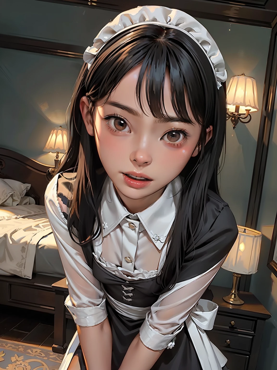 (best quality, masterpiece), 1girl, 18yo, intricate details, beautiful detailed face, (sexy maid clothes:1.2), see-through, looking at viewer, luxury room, blush, open mouth, black hair, medium hair, blunt bangs, happy, standing, cowboy shot,