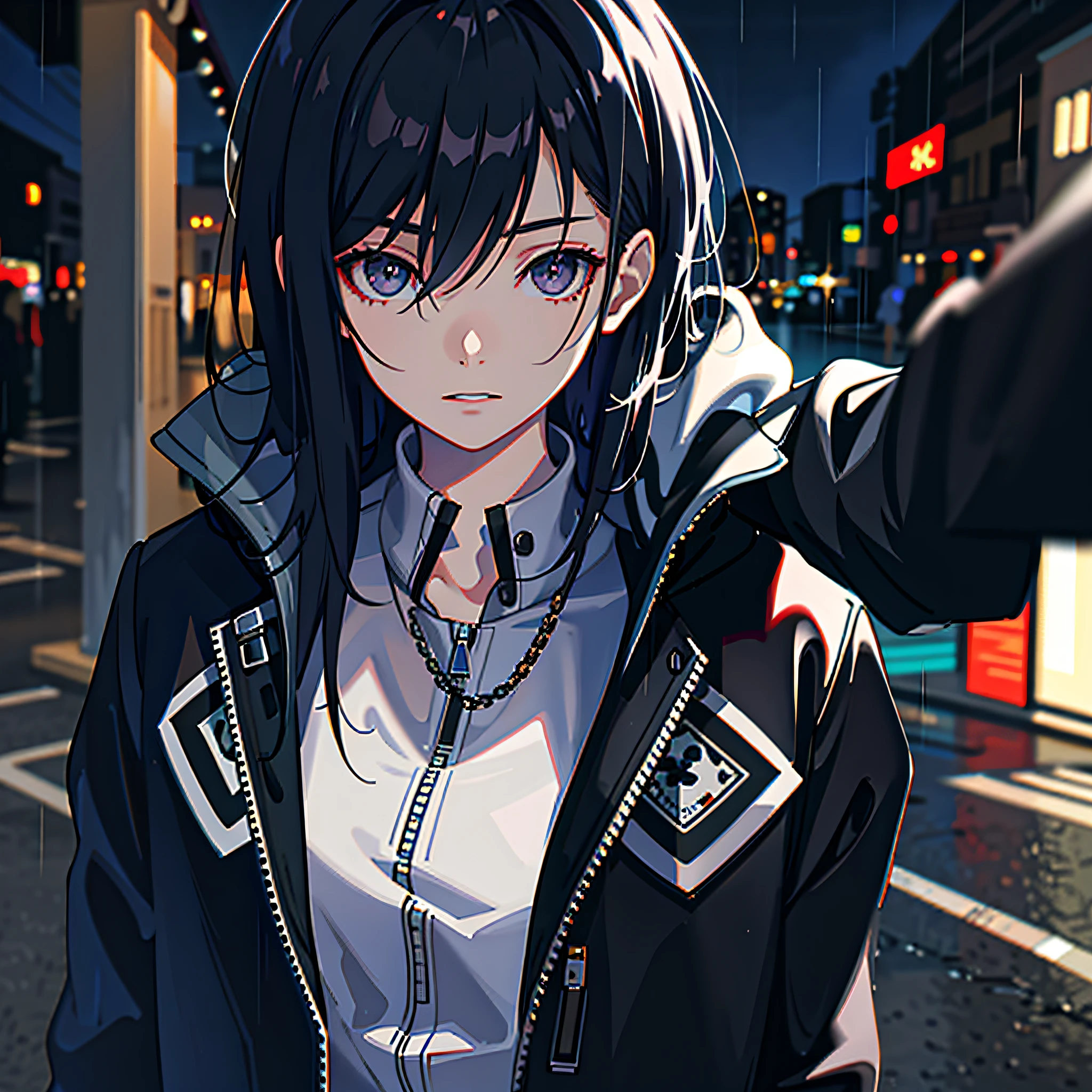 1girl, jacket, rain, outdoor, hoodie, open jacket, chain, backpack, looking at another, messy hair, trending on artstation, 8k resolution, highly detailed, anatomically correct, sharp image, digital painting, concept art, trending on pixiv, style of makoto shinkai,