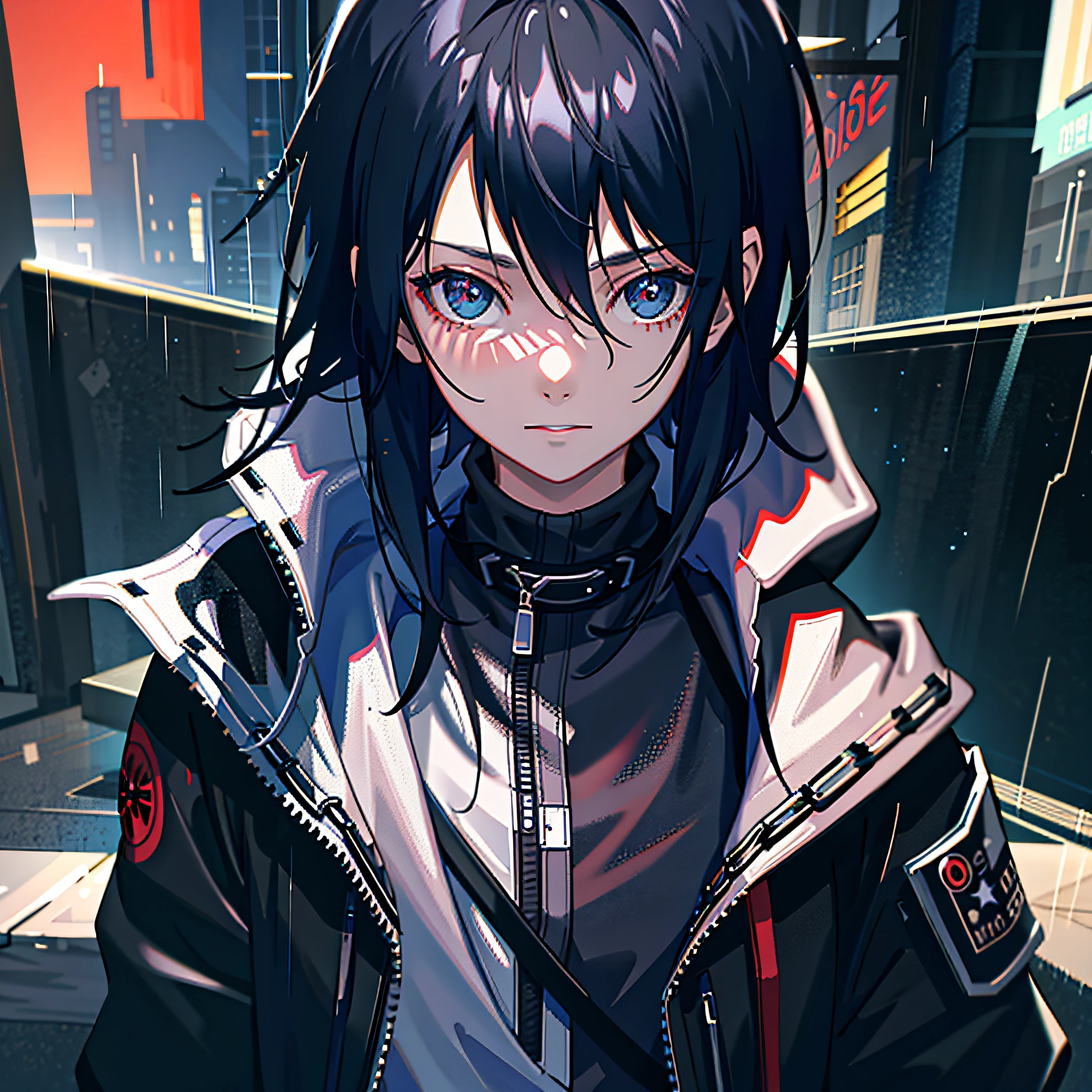 1girl, jacket, rain, outdoor, hoodie, open jacket, chain, backpack, looking at another, messy hair, trending on artstation, 8k resolution, highly detailed, anatomically correct, sharp image, digital painting, concept art, trending on pixiv, style of makoto shinkai,