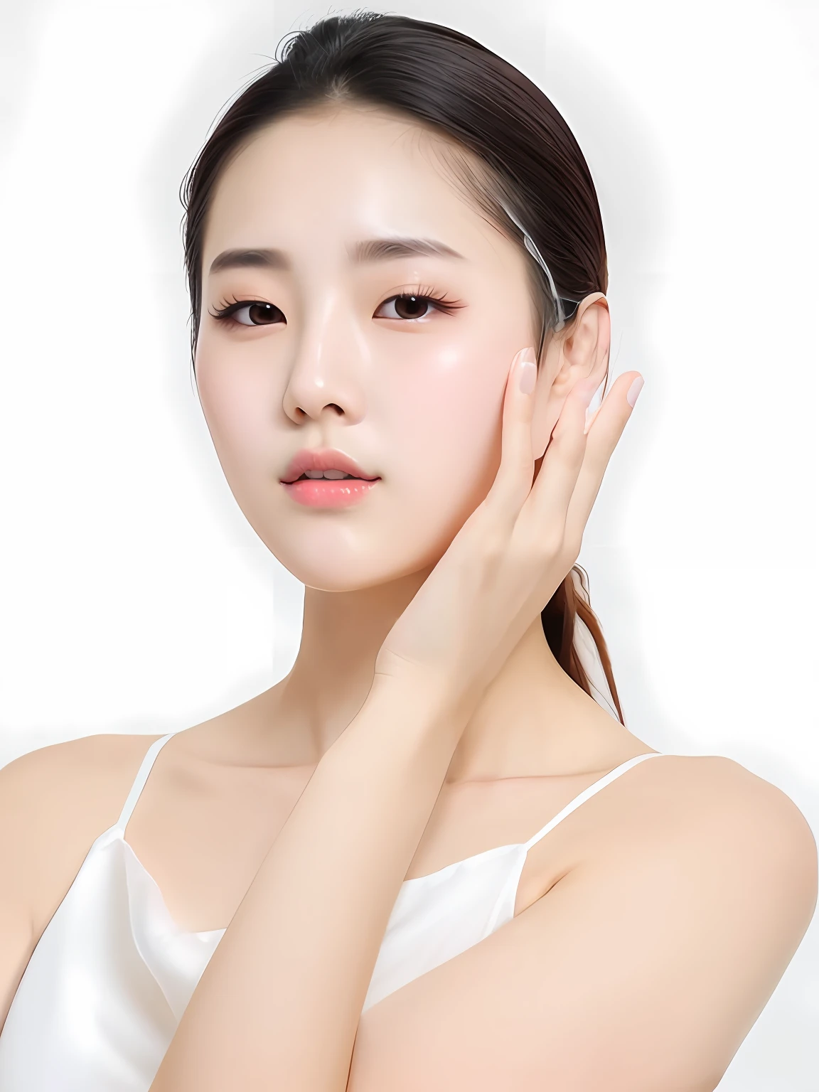 Korean beauty in white top puts her hands on her face, smooth translucent white skin, double eyelids