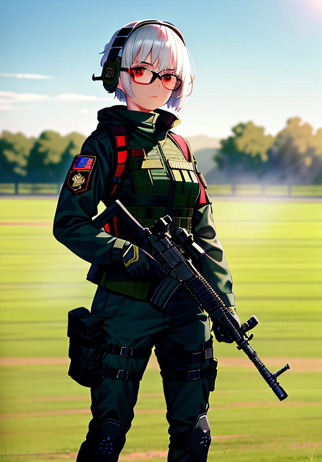 masterpiece , a girl, ( lite white short hair:1.2), (red eyes:1.2), (special ops uniform:1.2), (looks at the viewer:1.2) , (8k, best quality 1.2), ultra-detailed, 8k uhd, soft lighting, high quality, film grain, beautiful lighting, cinematic ,perfect body , best illumination, best shadow, sharpness, contrast, red glasses, serious face, infantry girl, tactical armor, tactical gear, holding pdw, future combat gear, russian special ops, black tactical gear, heavily armed, wearing techwear and armor, dressed in tactical armor, girl soldier with a gun and helmet standing in a field