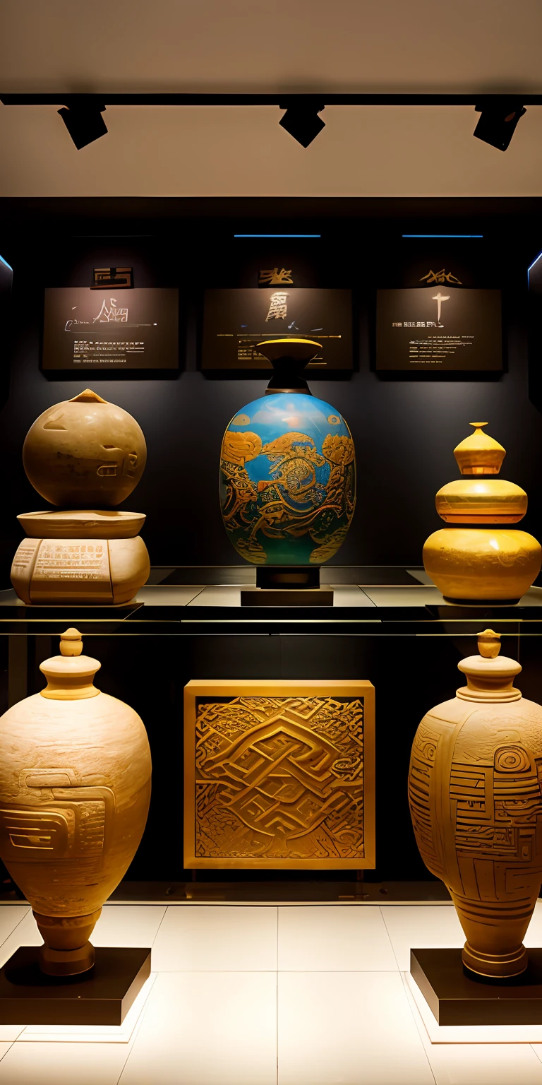 In the museum hall with a lot of space, a holographic image of ancient Chinese artifacts is scattered on a glass display shelf with amazing imagination, surrealism, futuristic technical sense, glass, light, reflection, high resolution, high image quality, realistic texture rendering, wide angle, full frame, cyberpunk style, symmetrical composition, low viewing angle--ar 3:4--g5--s 800--V 5.1