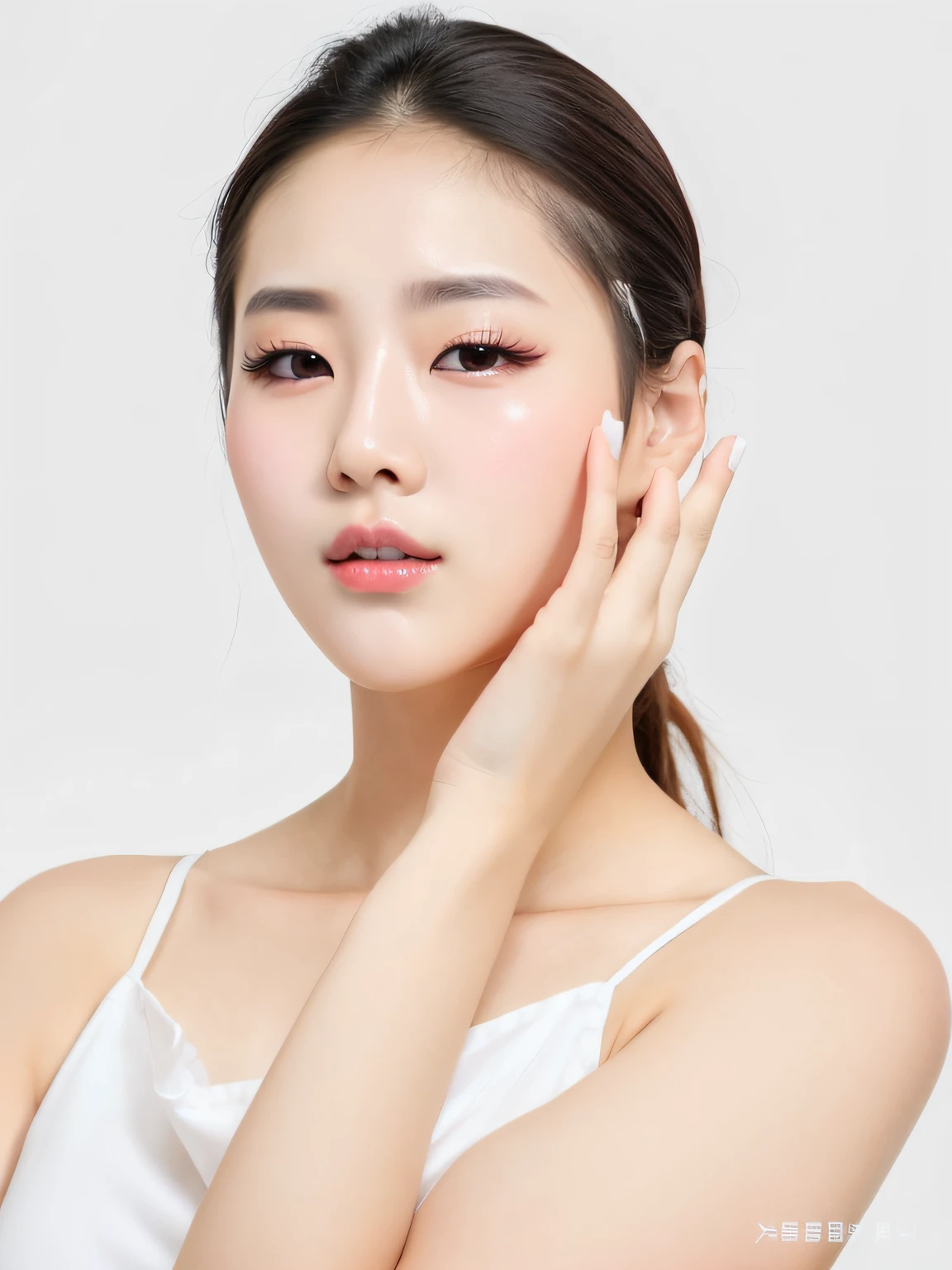 Korean beauty in white top puts her hands on her face, smooth translucent white skin, double eyelids, 5 fingers