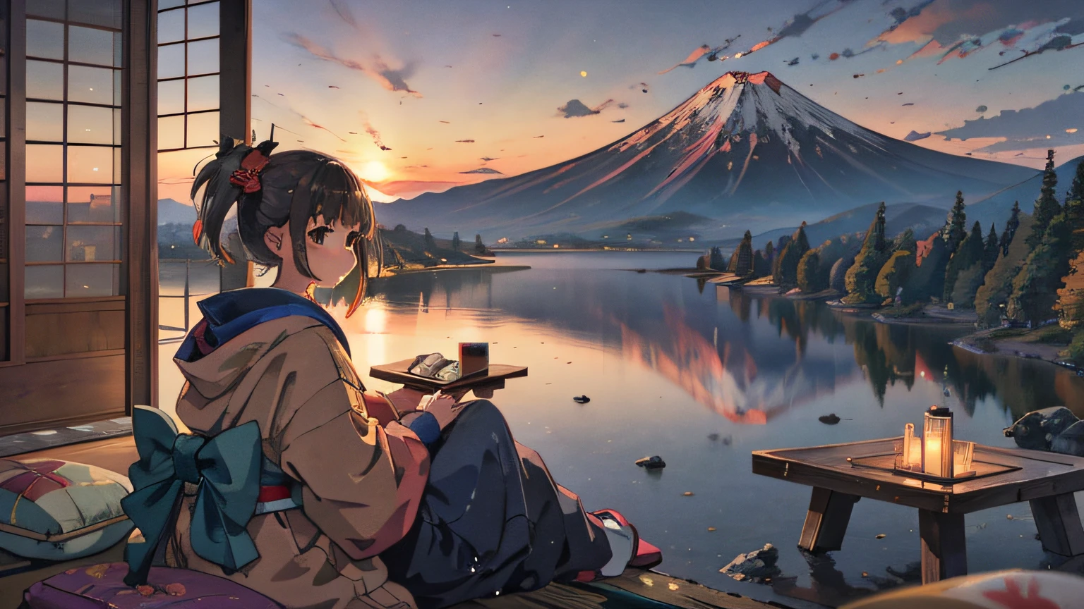 best quality, masterpiece, extremely detailed, detailed background, anime, 1girl, young girl, short girl, kimono, retro, mount fuji lansdscape, outdoors, sunset, beautiful sky, lake picnic, landscape, scenery, horizon, mountain sitting near mountain, wind, looking away, atmospheric lighting, solo focus, close up, from side, depth of field, bokeh