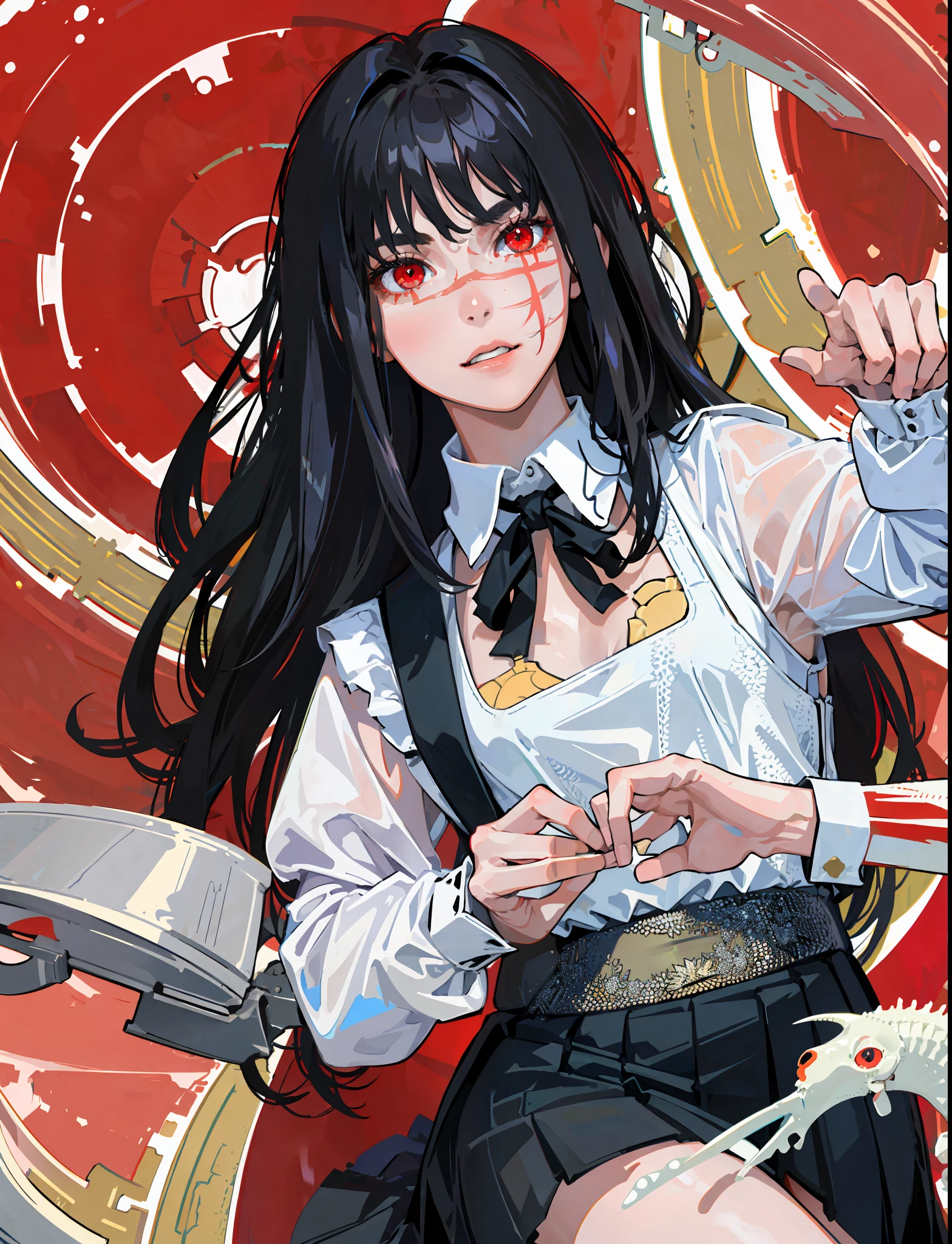 ((masterpiece, best quality)), (1girl), (solo), (female focus), yoru \(chainsaw man\),(very detailed face, real image, realistic white skin, realistic body, intricate details), red eyes (intimidating look) school uniform, black pinafore dress, shirt, neck ribbon, long shaggy hair, small breasts,