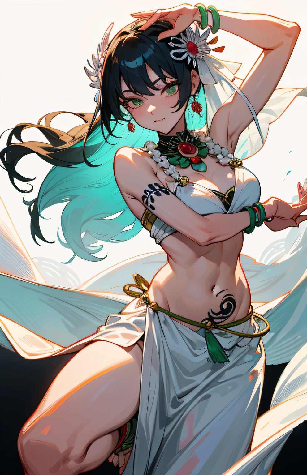 Ancient Japan mythological beauty of dance poses, Amanoi wat mythology, sheer veil on a white background, flowing tulle, fluttering veil, magatama hair ornament, jade bracelet, jade necklace, tattoo, shiny skin, white waistband, no bra, chest hidden by hand, jewelry ornament on arms, breasts, navel, shoulders, neck, arm ring ribbons, wreaths, bracelets, anklets, Pyroxene chain tassel around belly, dedicated to God, strip dance, ink wash, popular CGSTATION, masterpiece, recent quality, high resolution detail, 32K