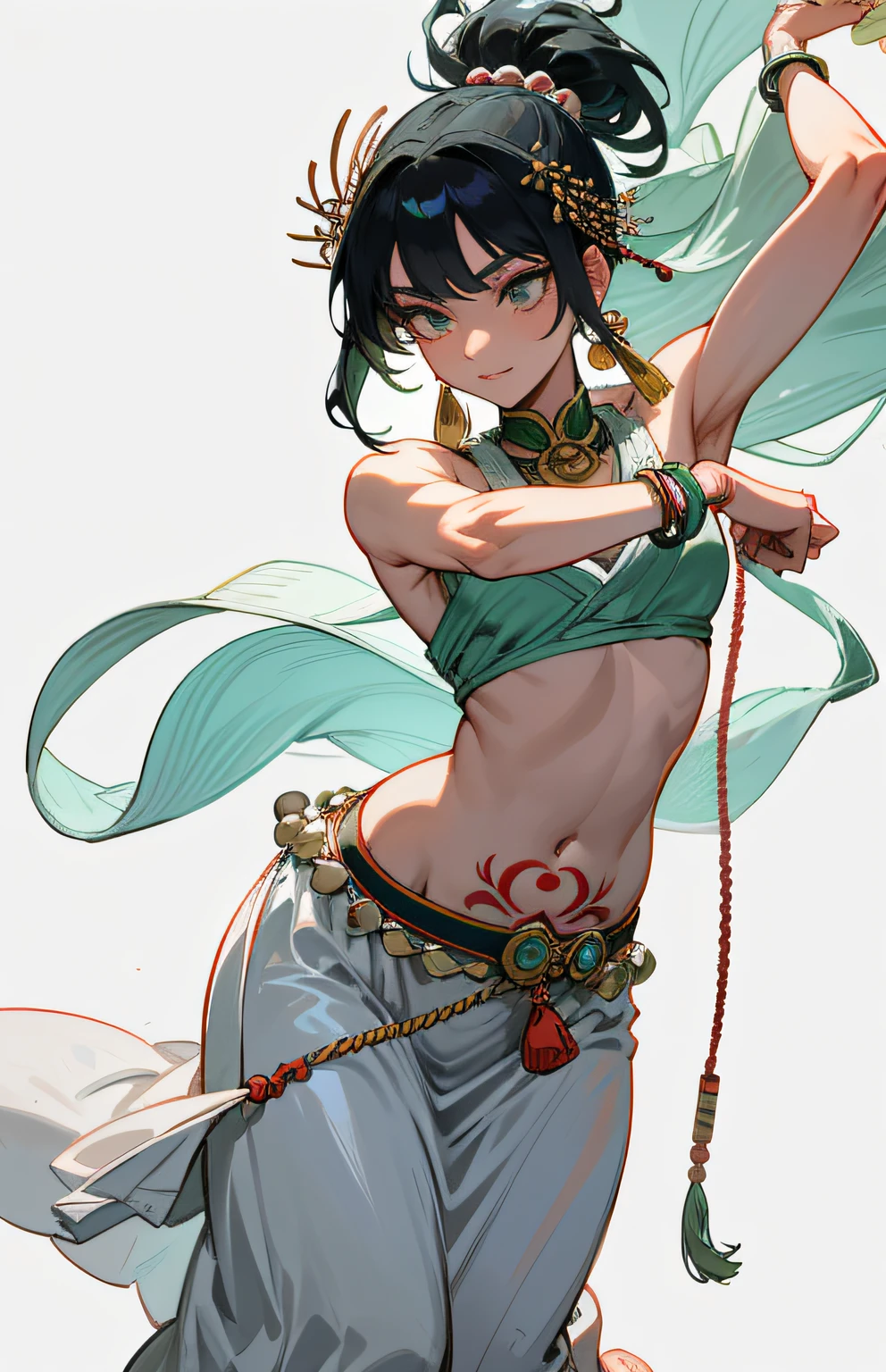 Ancient Japan mythological beauty of dance poses, Amanoi wat mythology, sheer veil on a white background, flowing tulle, fluttering veil, magatama hair ornament, jade bracelet, jade necklace, tattoo, shiny skin, white waistband, no bra, chest hidden by hand, jewelry ornament on arms, breasts, navel, shoulders, neck, arm ring ribbons, wreaths, bracelets, anklets, Pyroxene chain tassel around belly, dedicated to God, strip dance, ink wash, popular CGSTATION, masterpiece, recent quality, high resolution detail, 32K