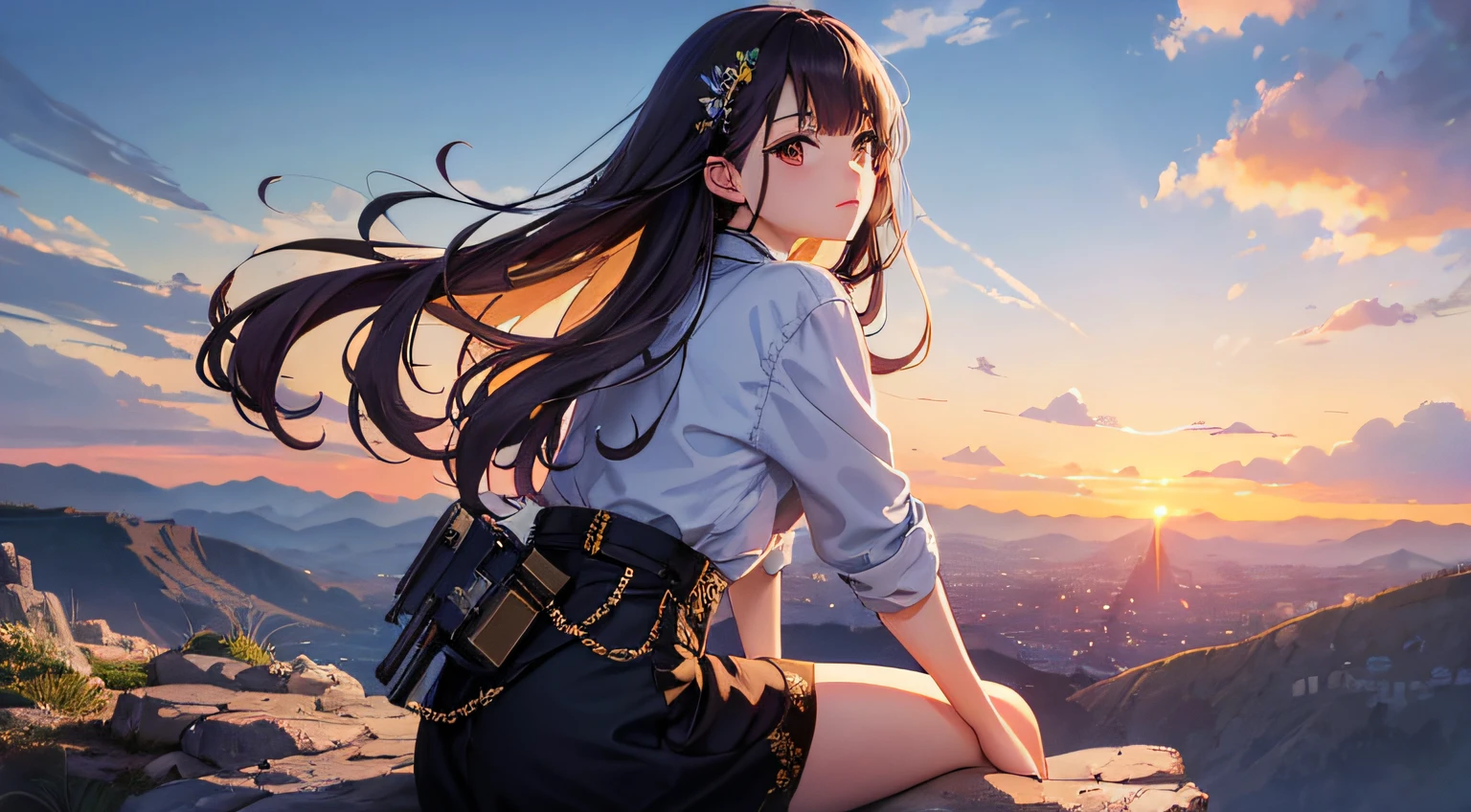 Top quality, Masterpiece, Very detailed, Detailed background, Anime, 1 girl, pretty girl, retro, lansdscape, outdoors, sunset, beautiful sky, mountains, sitting on rocks,megastructure, landscape, horizon, , wind, look away, atmospheric lighting, solo focus, close-up, side-by-side, depth of field, bokeh